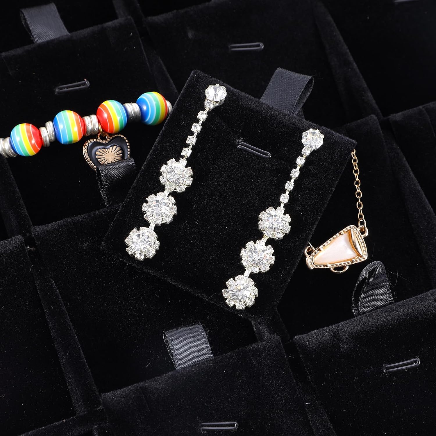 2 Pack Velvet Stackable Jewelry Tray Organizer with Removable Dividers, 24 Grids Jewelry Display Storage Trays for Earrings Necklaces Bracelets Rings, Black