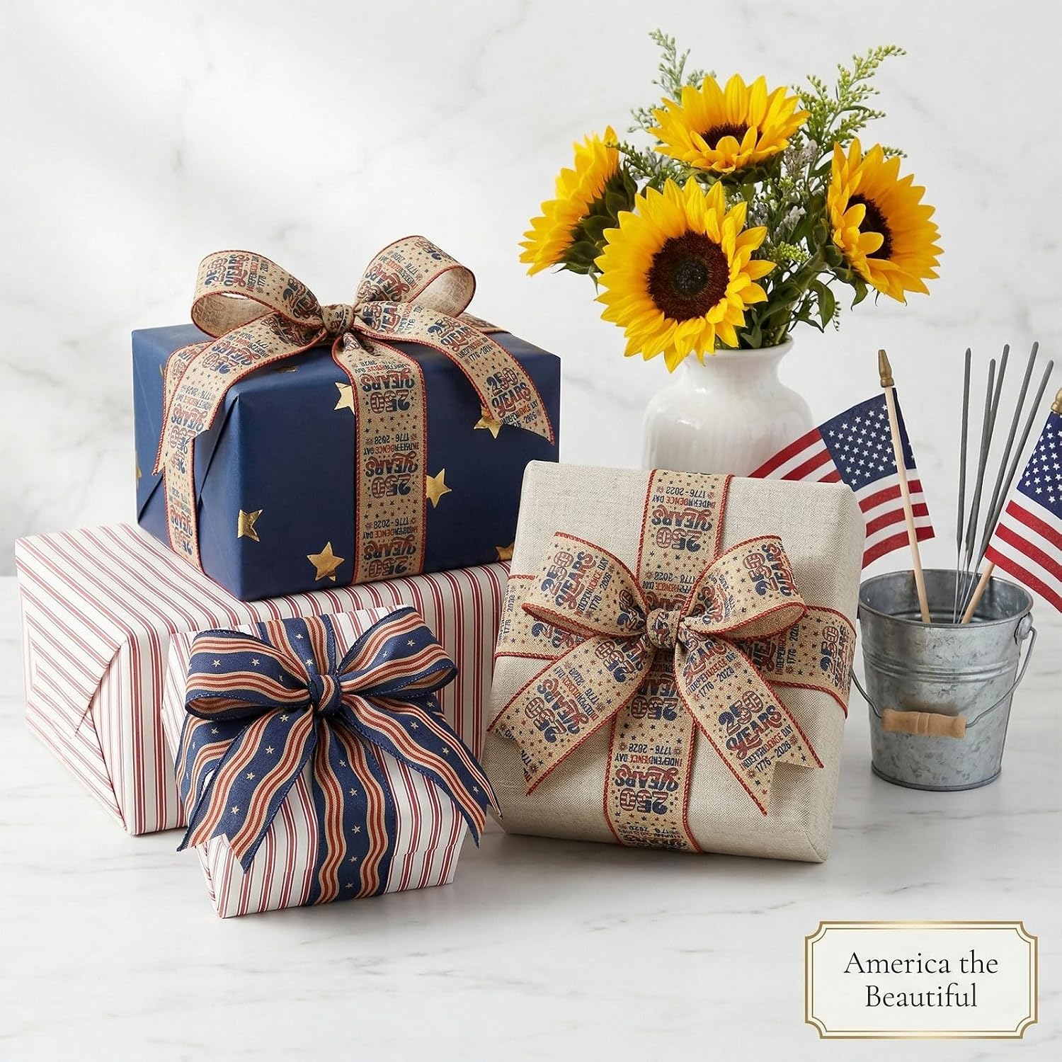 Threetols 2 Rolls 10 Yards 250th Anniversary USA Patriotic Wired Edge Ribbons, 2.5inch 250 Years America Burlap Ribbon, Blue Linen Stripe Ribbon for 1776-2026 Commemorative DIY Craft Wreath Bow Decor