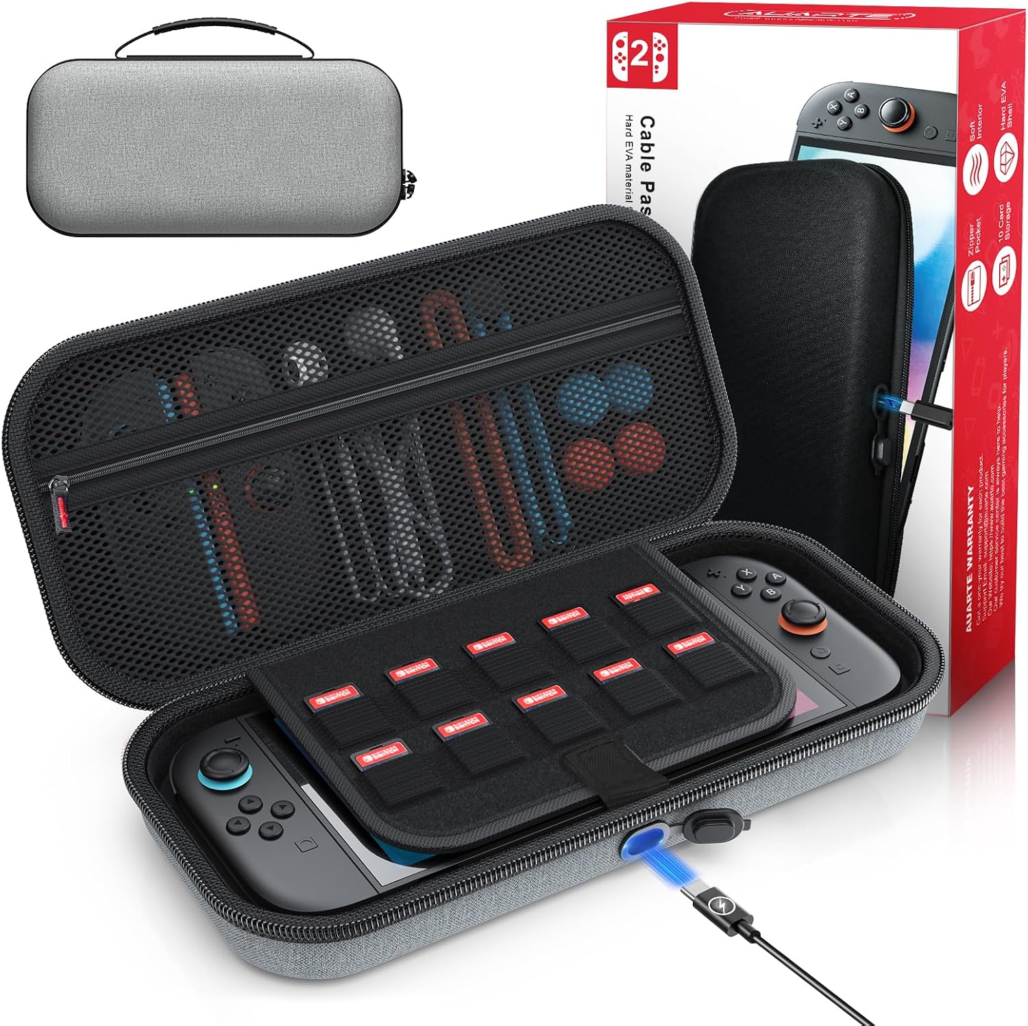 [Carga Interior] Bolsa de Transporte para Nintendo Switch 2 (2025)/ Todos los Switch 1 Consola, Bolsa de Viaje Dura portátil de EVA para Nintendo Switch, Accesorios Skins y 10 Cartas, Gris (Cable no - Captura de jugabilidad, interfaz y rendimiento visual