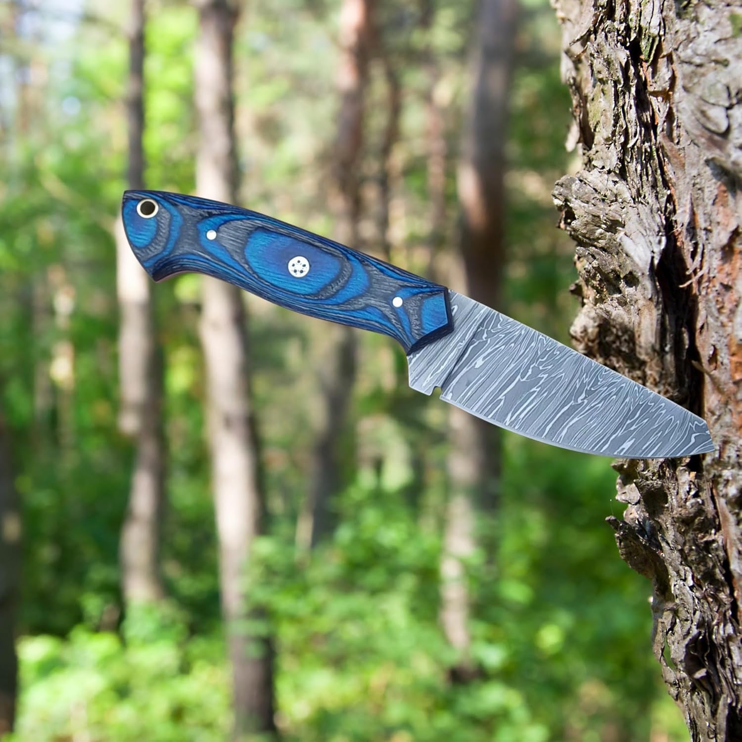 Damascus Steel Edc Fixed Blade Hunting Knife Horizontal Carry Leather Sheath - Handmade Full Tang