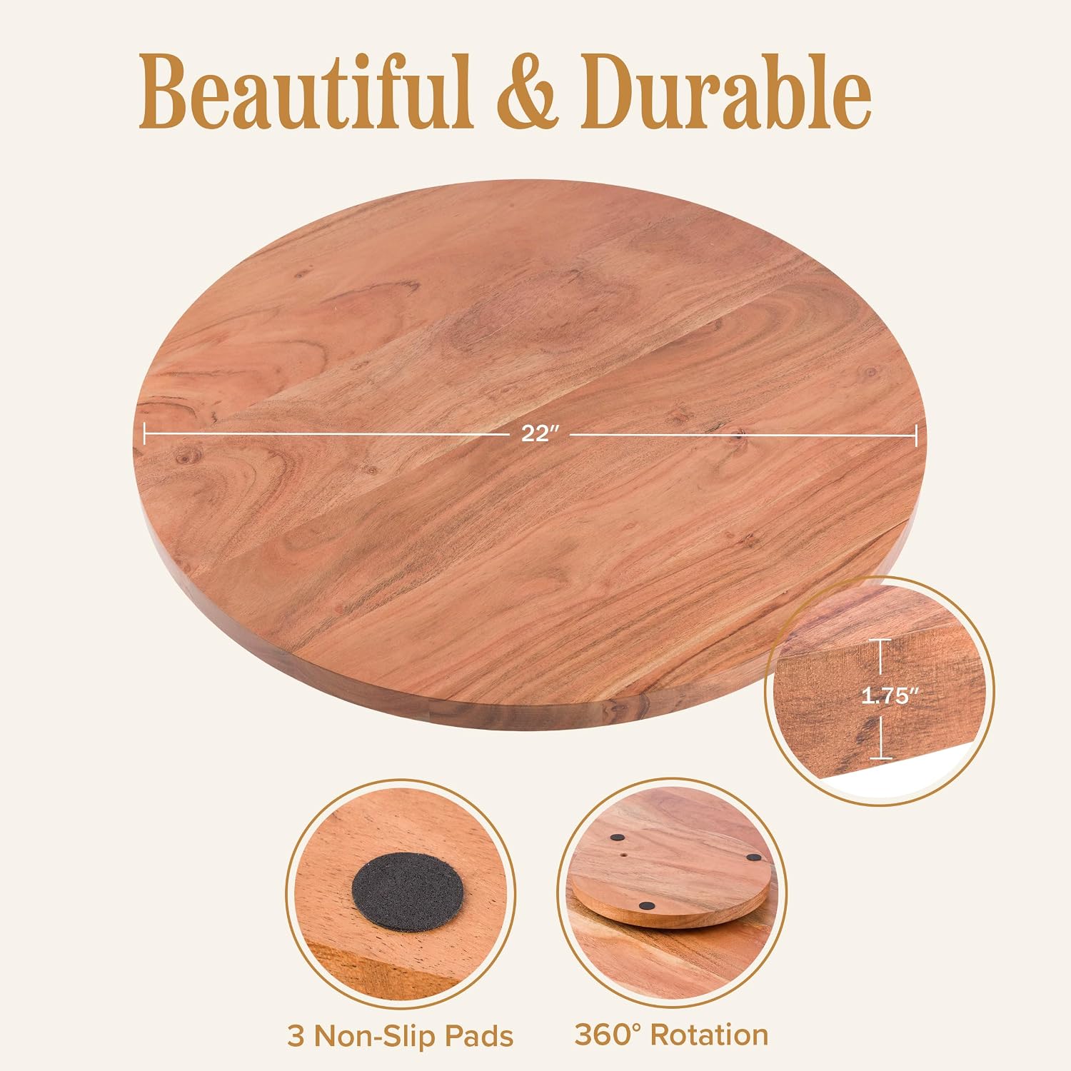 Classic Cuisine Acacia Wood Lazy Susan Turntable, Natural, 22” x 1.75”