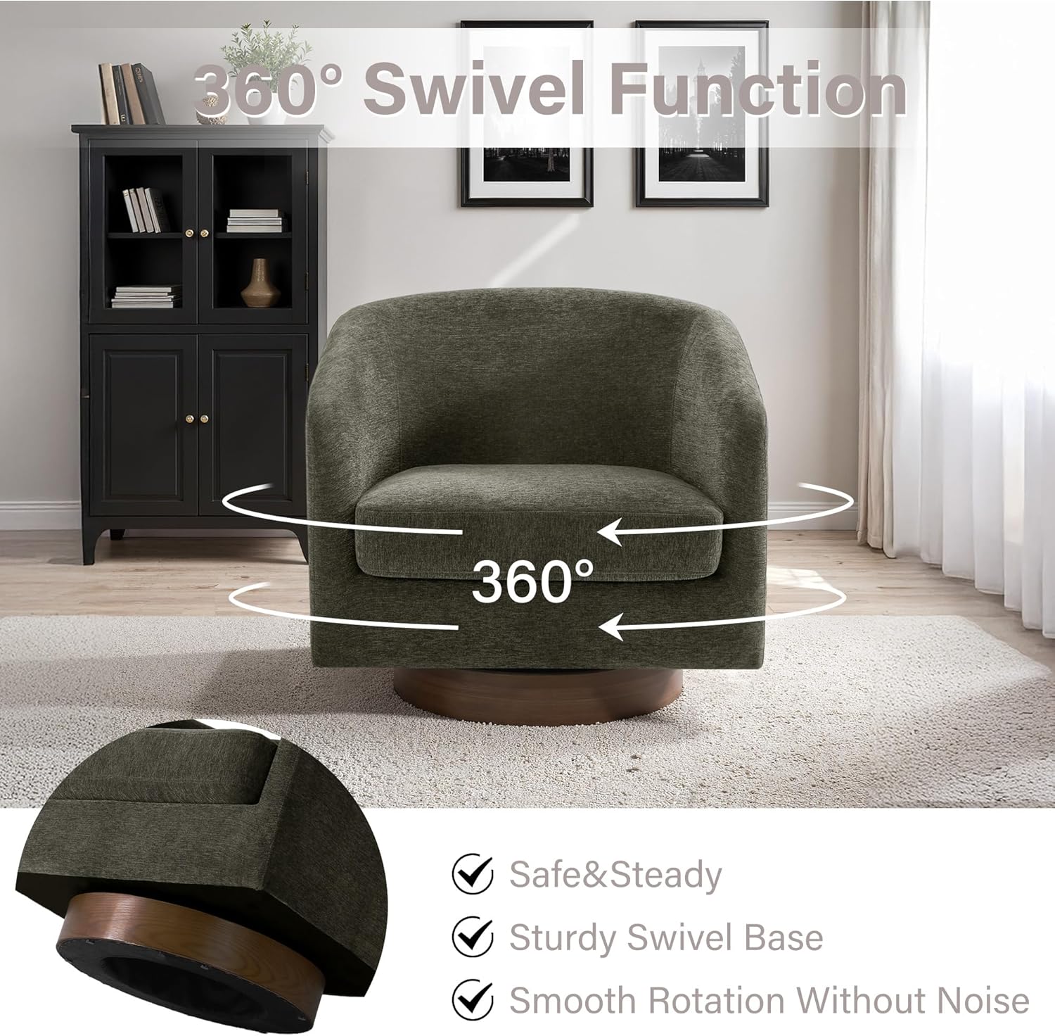 Lumibee Swivel Accent Chair, Chenille Fabric Swivel Barrel Chair for Living Room, Modern Comfy Upholstered Round Armchair Single Sofa Chair for Bedroom, Club-Tan