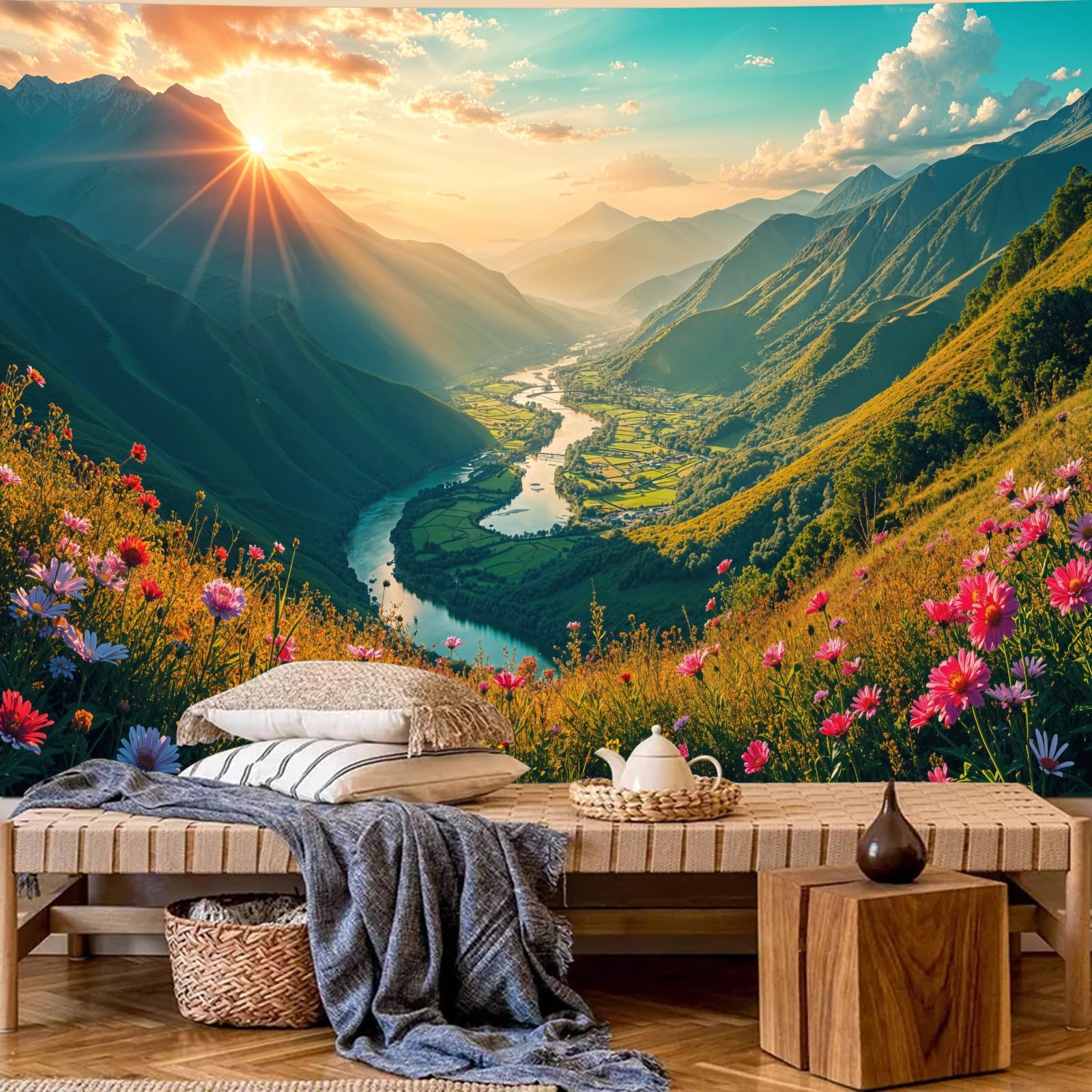 Calefee Wandteppich xxl 350x256, Wandteppich Natur Sonnenuntergang Berge Fluss Blumen Landschaft, Wandbehang Deko Teppich für Schlafzimmer