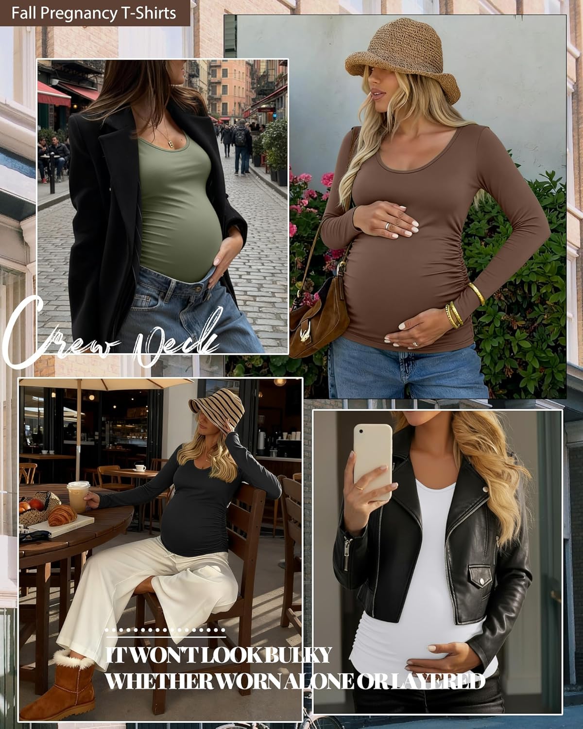 Ficerd 4 Pack Women's Maternity Shirts Long Sleeve Side Ruched Tops Crew Neck Fall Pregnancy T-Shirts Casual Mama Clothes - Image 3