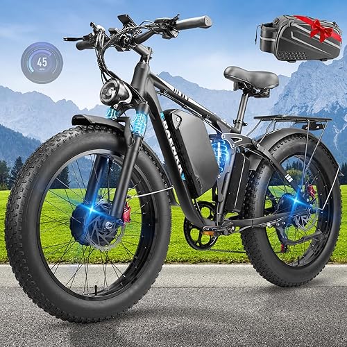 Dual Motor Ebike 6000W - Fast Electric Bike for Adults-Men 52V 34Ah Long Range E Bike 45MPH ,24" Fat Tire Dual Hydraulich Brakes Full Suspension Electric Bicycle for Snow Mountain Off-Road Commuter
