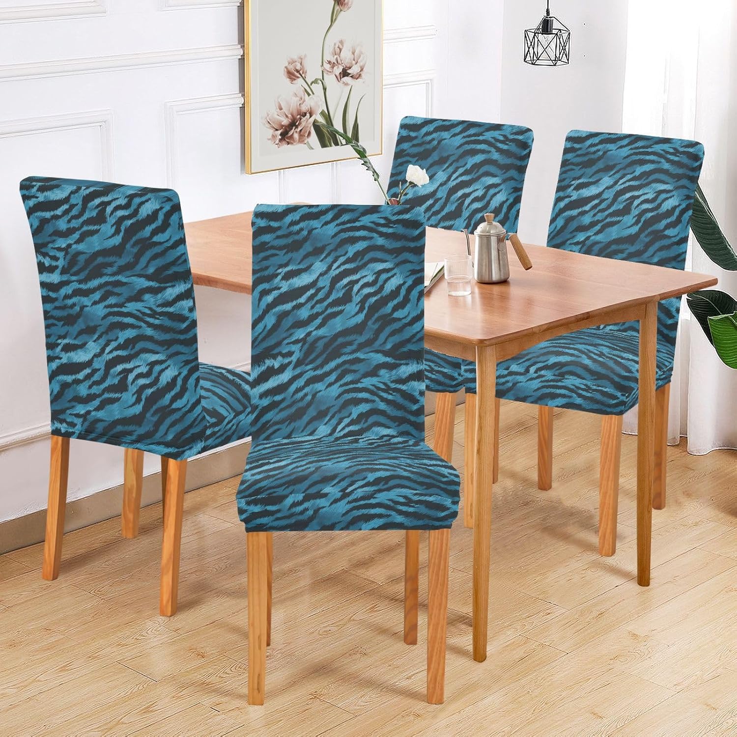 ALAZA Chair Covers for Dining Room, Tiger Print on Blue Background Stretch Chair Cover Sets Chair Protector Removable Washable for Ktichen Restaurant Hotel