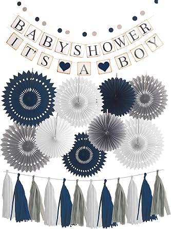 MEANT2TOBE Baby Shower Decorations for Boy, Its A Boy, Elephant Theme, Blue, Grey, White, 14 Piece Set, Includes Banner, Paper Fans, Tassels