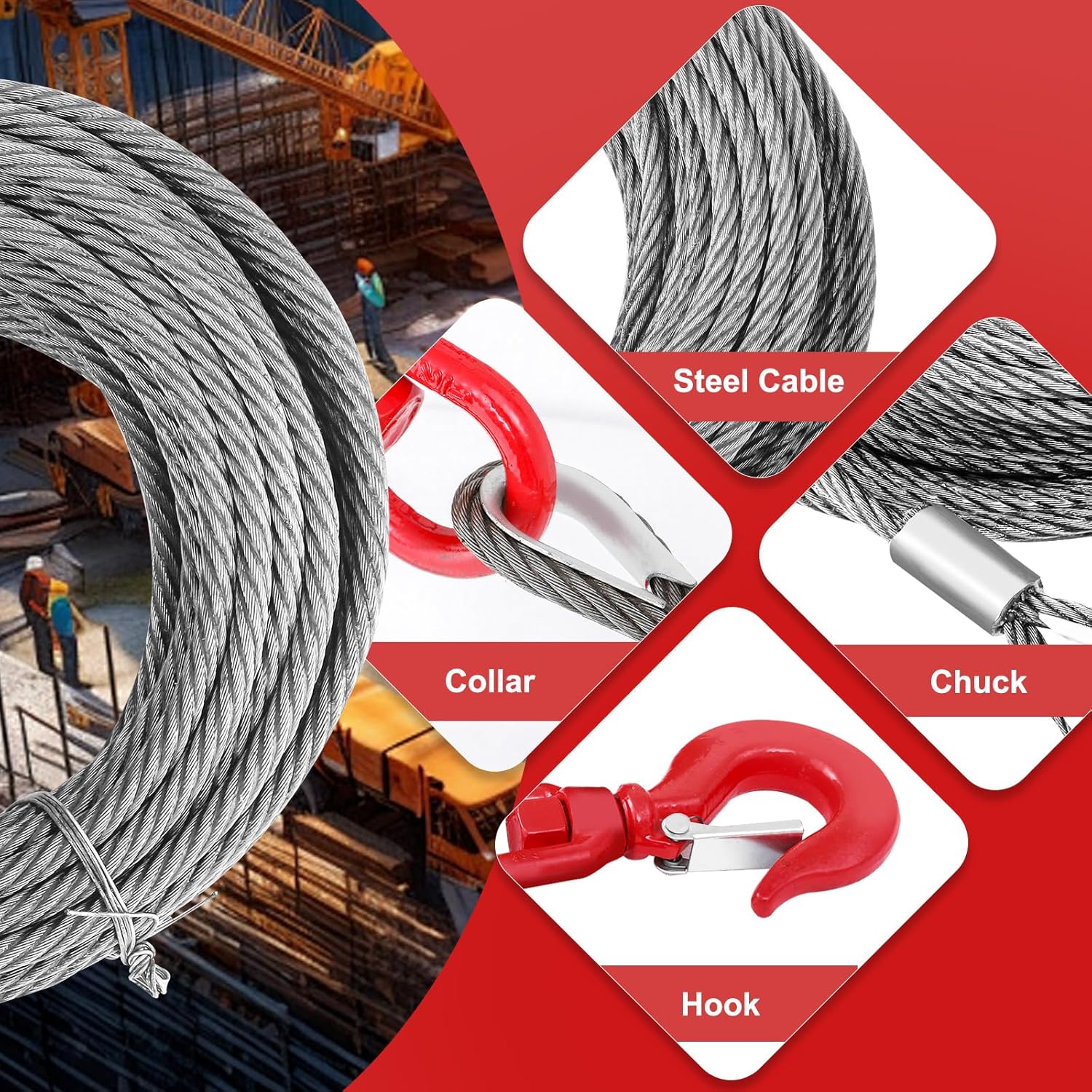 Steel Winch Cable,3/8" x 100' Wire Rope with Swivel Hook,17637 Lbs Breaking Strength,6x19 Strand Core Steel Towing Cable for Tow Truck,Crane,Wrecker - Image 5