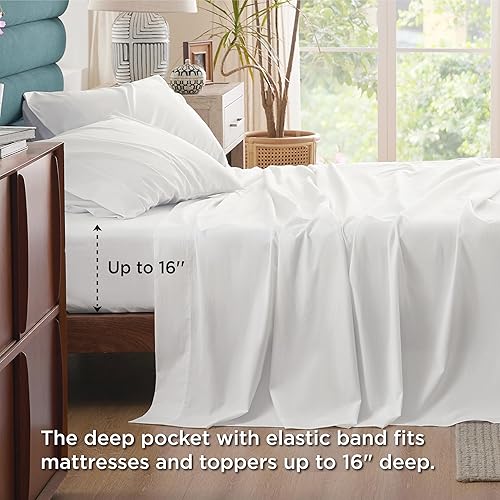Miniatura 7 de Bedsure Sábanas de algodón para cama Queen Size, blanco puro
