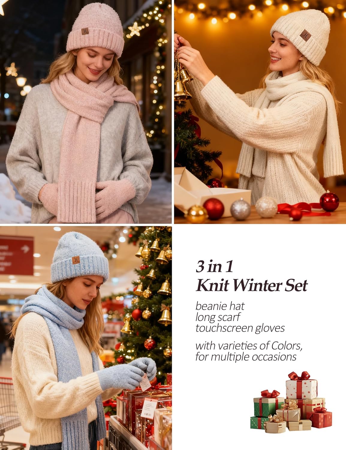 Hat Scarf And Gloves For Women, Winter Hats Womens Beanie Scarf Cold Weather Touchscreen Gloves Gift Set, Fall Accessories - Image 4