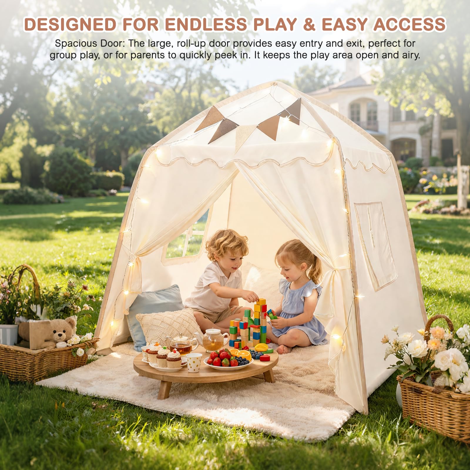 Tente Enfant, Cabane Enfant Intérieur avec Lumières et Drapeaux Tente de Jeu pour Enfants Princesse Tipi Cadeaux d'Anniversaire et de la Fête des Enfants Garçons Filles Décoration de Chambre d'Enfants
