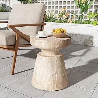 Christopher Knight Home Jayme 15"Lightweight Concrete End Table, Indoor Outdoor Accent Side Table, Travertine Round Tabletop, Easy Move, Decorative Garden Stool for Poolside Balcony Living Room, Gold