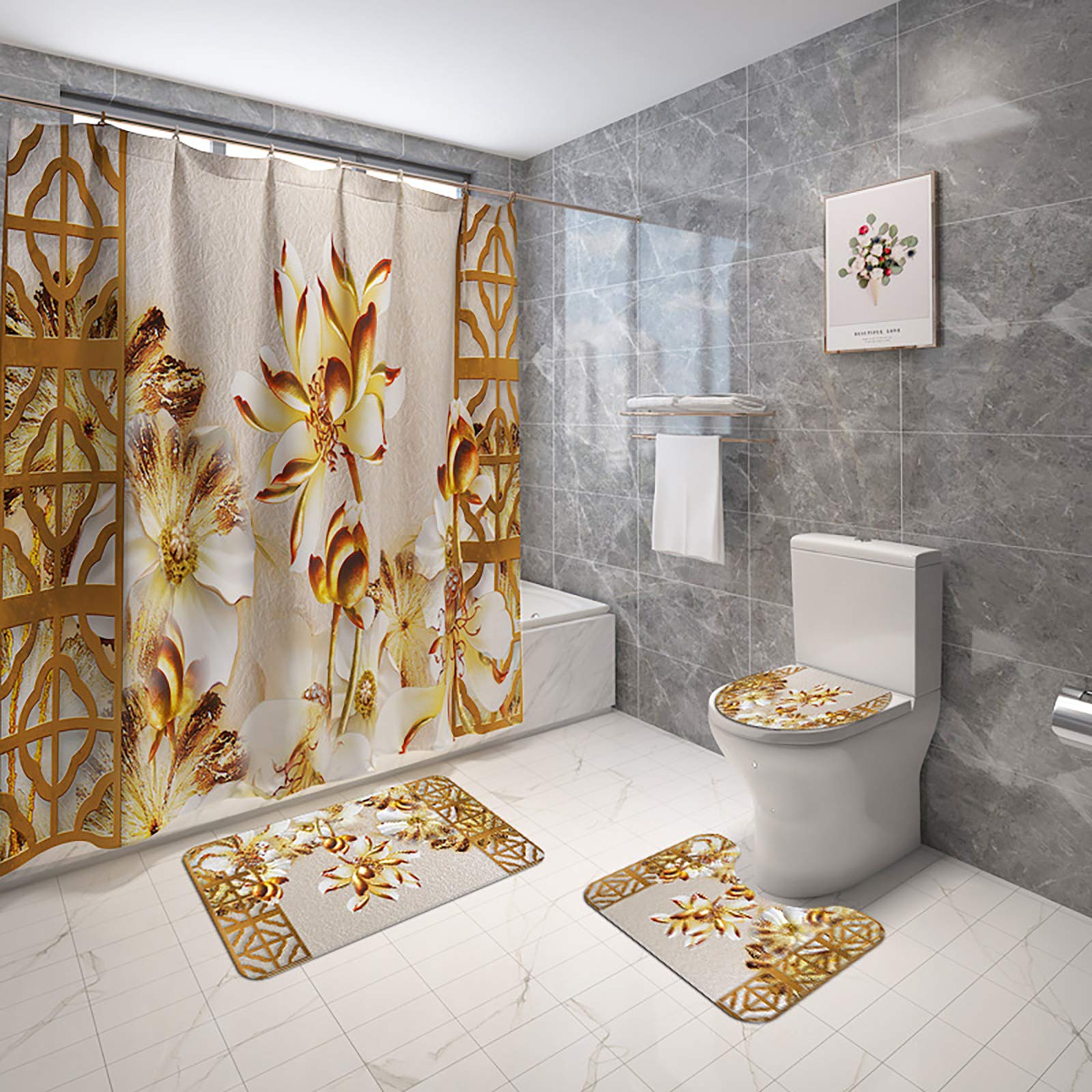 Tapis et rideau de douche peinture lotus chinois pour salle de bain élégante