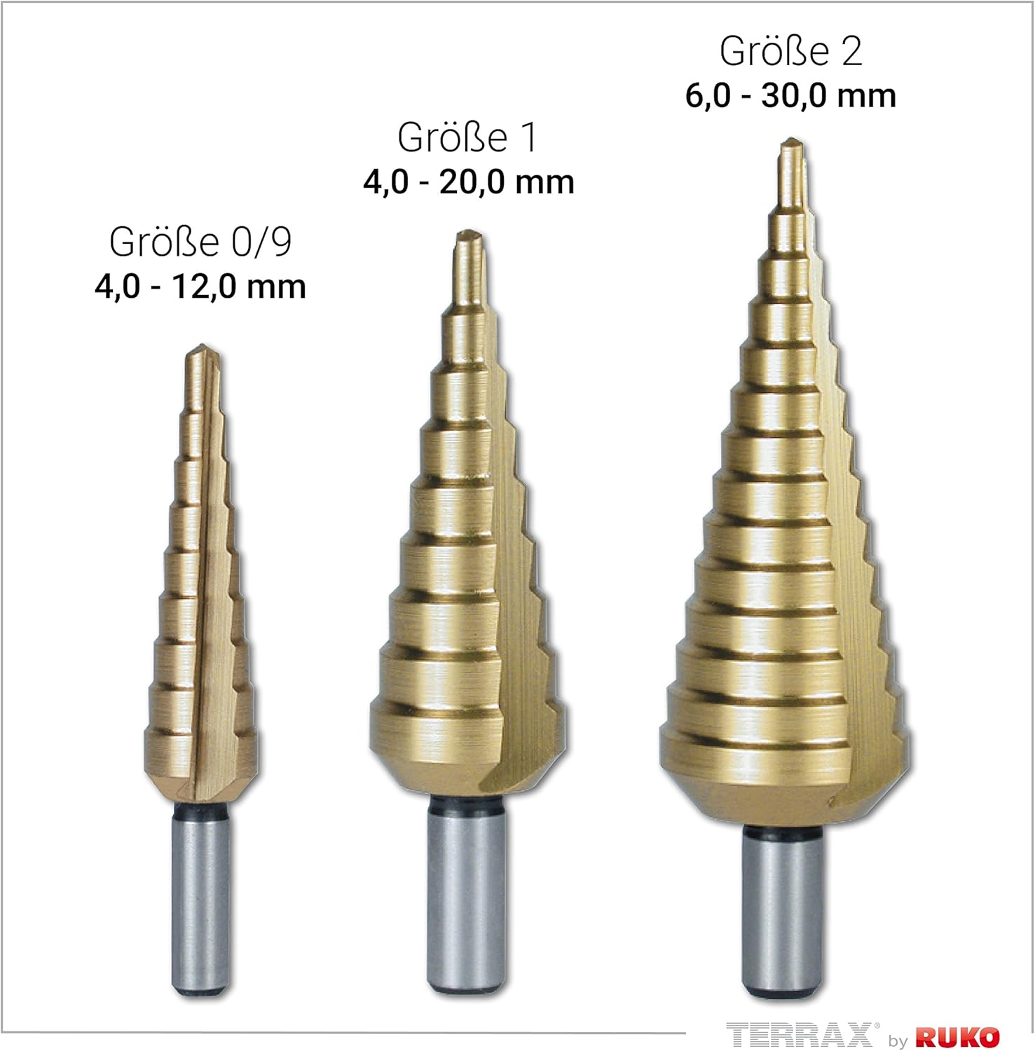 Ruko Terrax by Straight Fluted 3 Piece Step Drill Bit Set HSS-TiN in Sizes 0, 1, 2, 9 in a Stable, Practical Plastic Case A101 126TRO – Pack of 1