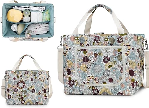 Miniatura 7 de Lmbabter Bolsa organizadora de pañales para bebé, organizador floral para mamá, contenedor de almacenamiento para pañales para mujeres Azul