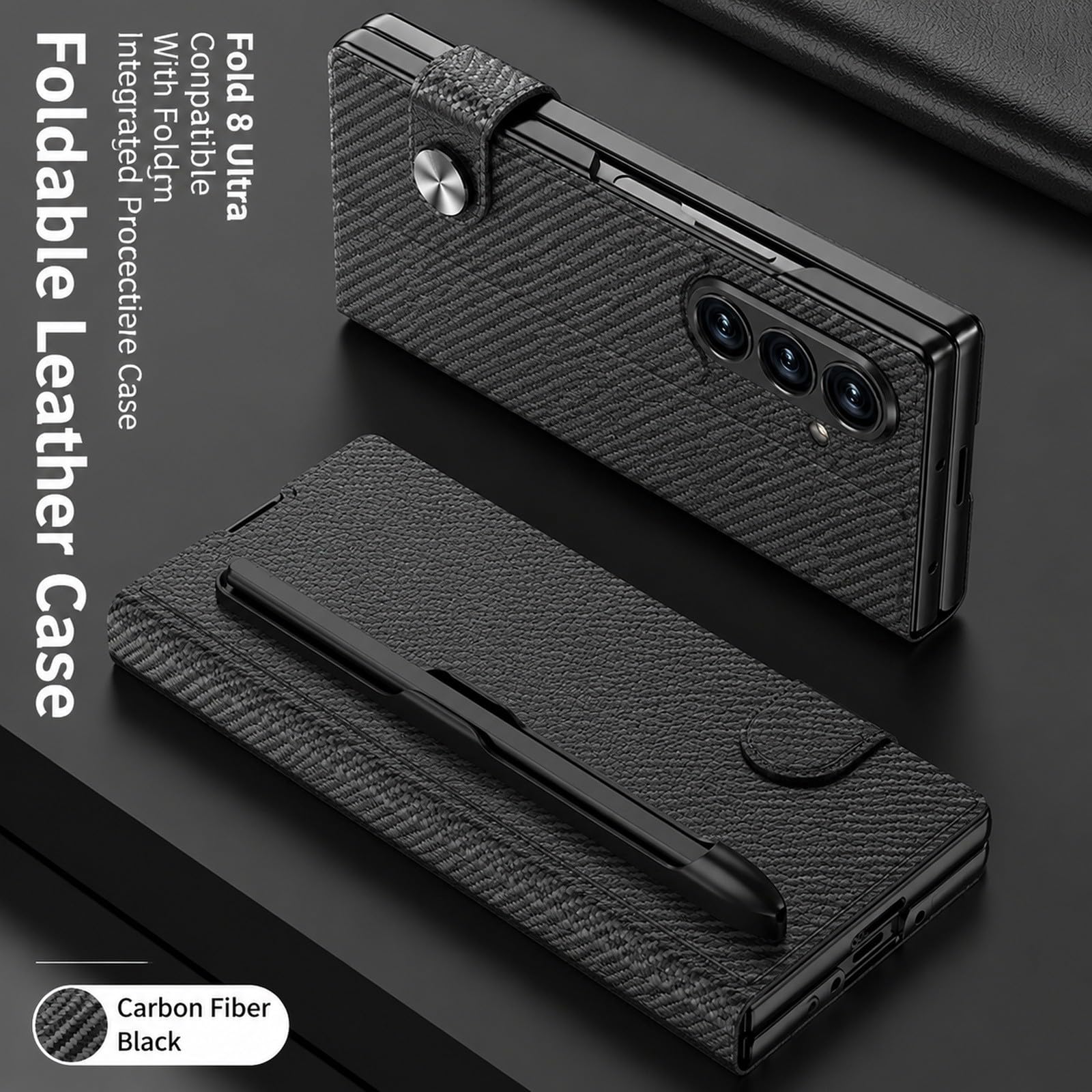 Generic etui kompatybilne z Samsung Galaxy Z Fold 7 (kolor: tekstura włókna węglowego czarny) skórzany uchwyt na długopis twarde etui z klapką z przednią folią szklaną