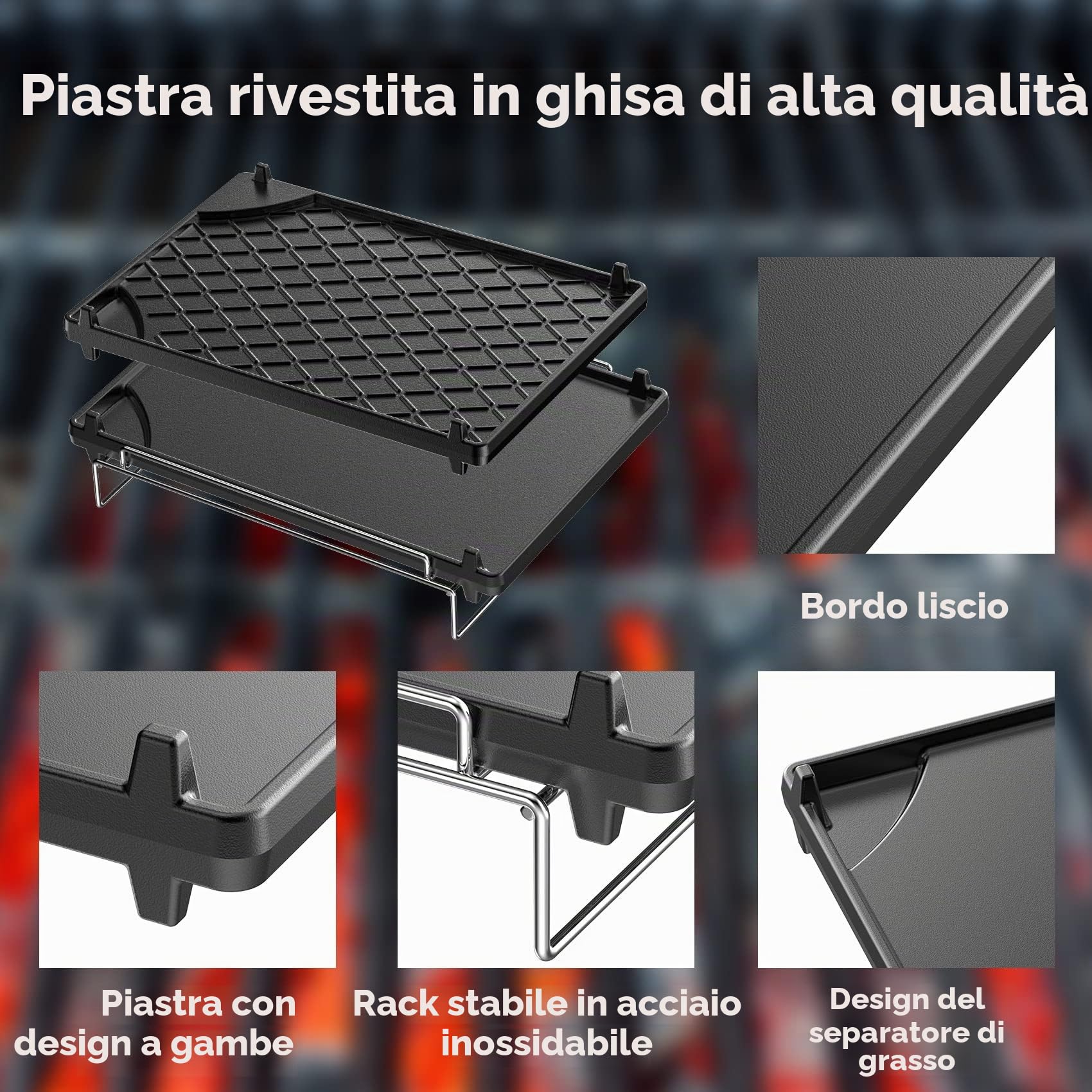 onlyfire Piastra per Barbecue con Fornello Laterale in Ghisa, Piastra per Barbecue a Doppia Faccia, con Telaio in Acciaio Inox Rimovibile, Universale per Quasi Tutte Le Griglie a Gas