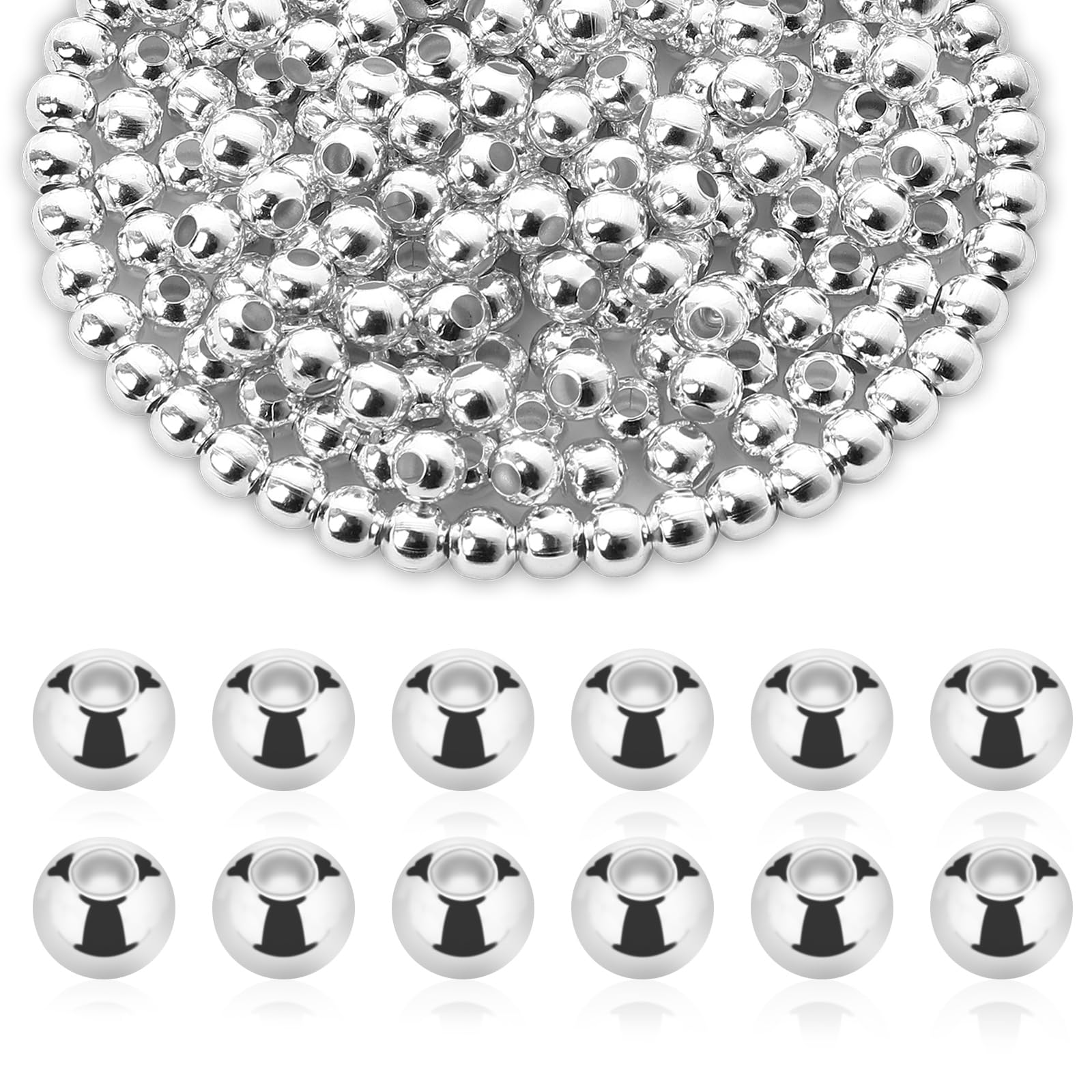 4mm Silver Metal Spacer Beads for Jewelry Making, 1500 Pcs Small Loose Beads with Hole Metallic Plated Round Ball Charms Caps for DIY Bracelet Necklace Craft Projects Supplies