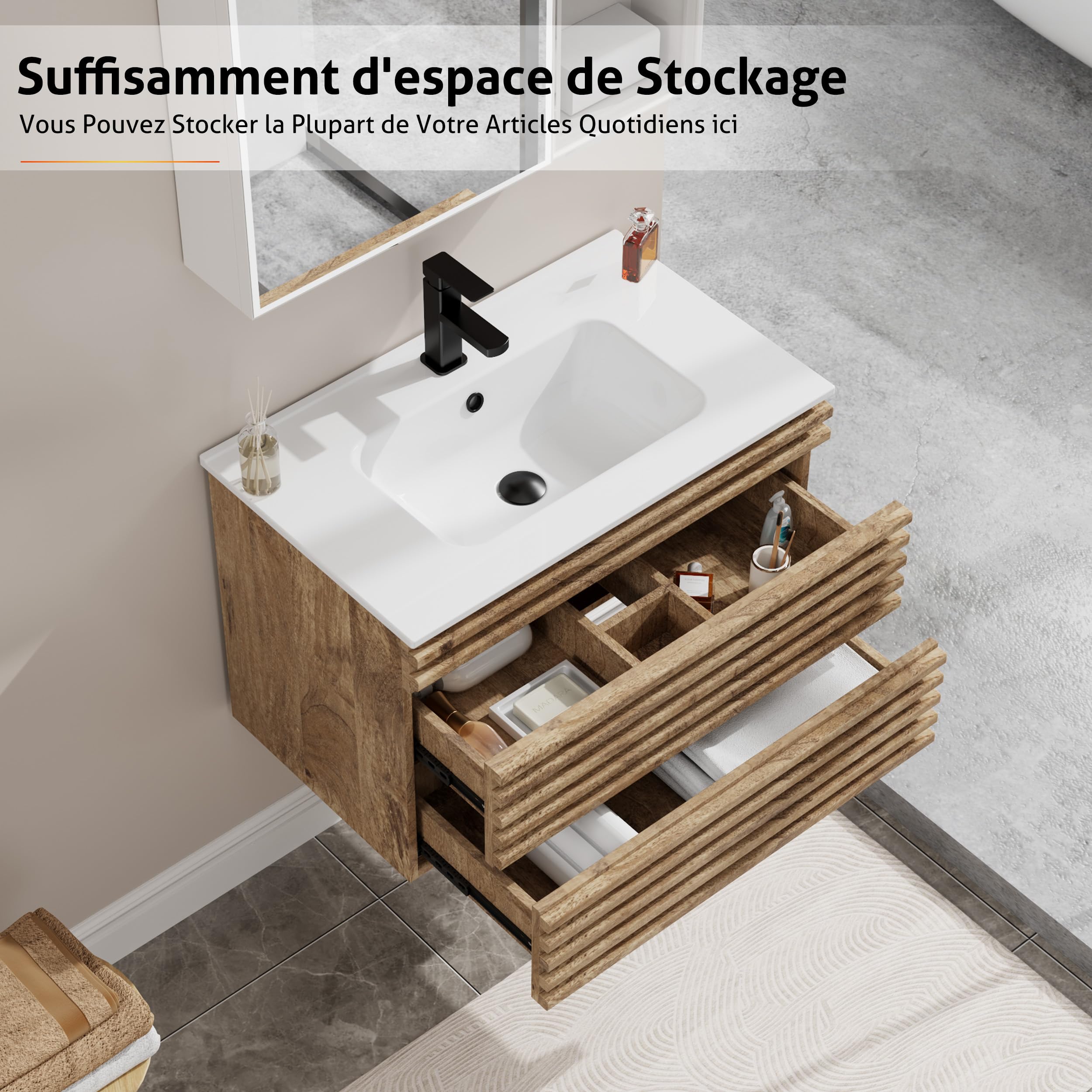 UEV Meuble Salle de Bain, avec Lavabo en Céramique, Lavabo Suspendu 75cm, 2 Tiroirs avec Système de Fermeture en Douceur, Grand Espace de Rangement, 75 x 45 x 46cm, Naturel