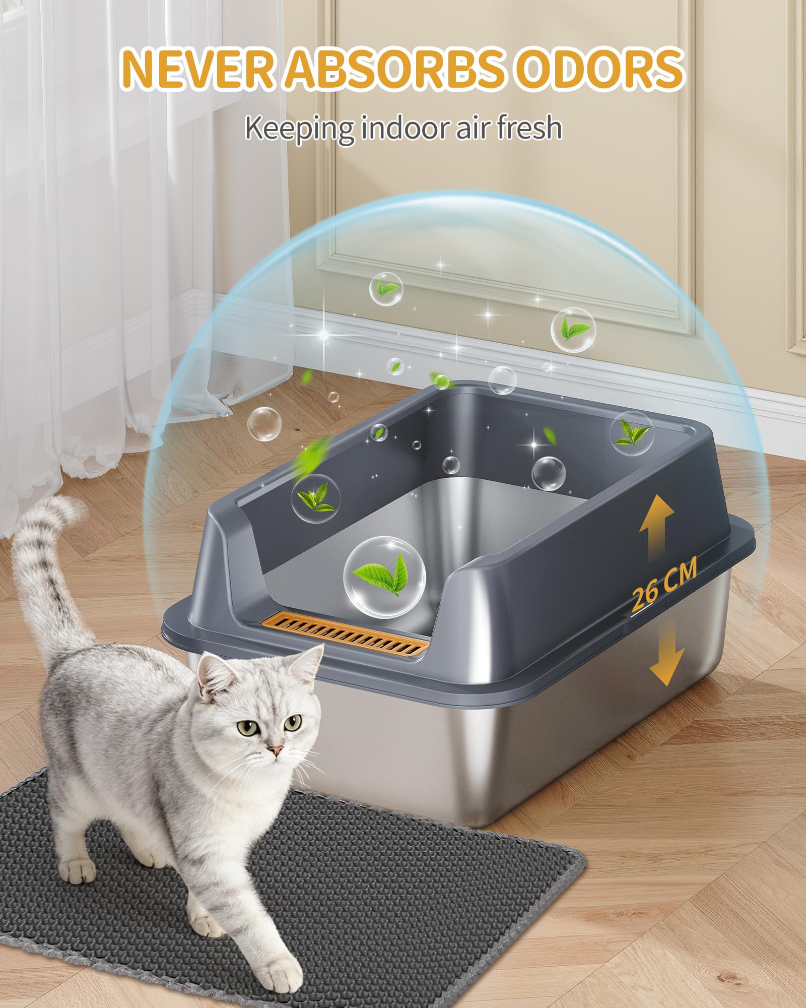 Hzuaneri Lettiera in Acciaio Inox XXL, Lettiera per Gatti Grandi da 30L 60x40x26 cm, Cassetta Igienica con Bordi Alti Semichiusa, Antiaderente, con Paletta e Tappetino, Grigio Scuro ELB89799G