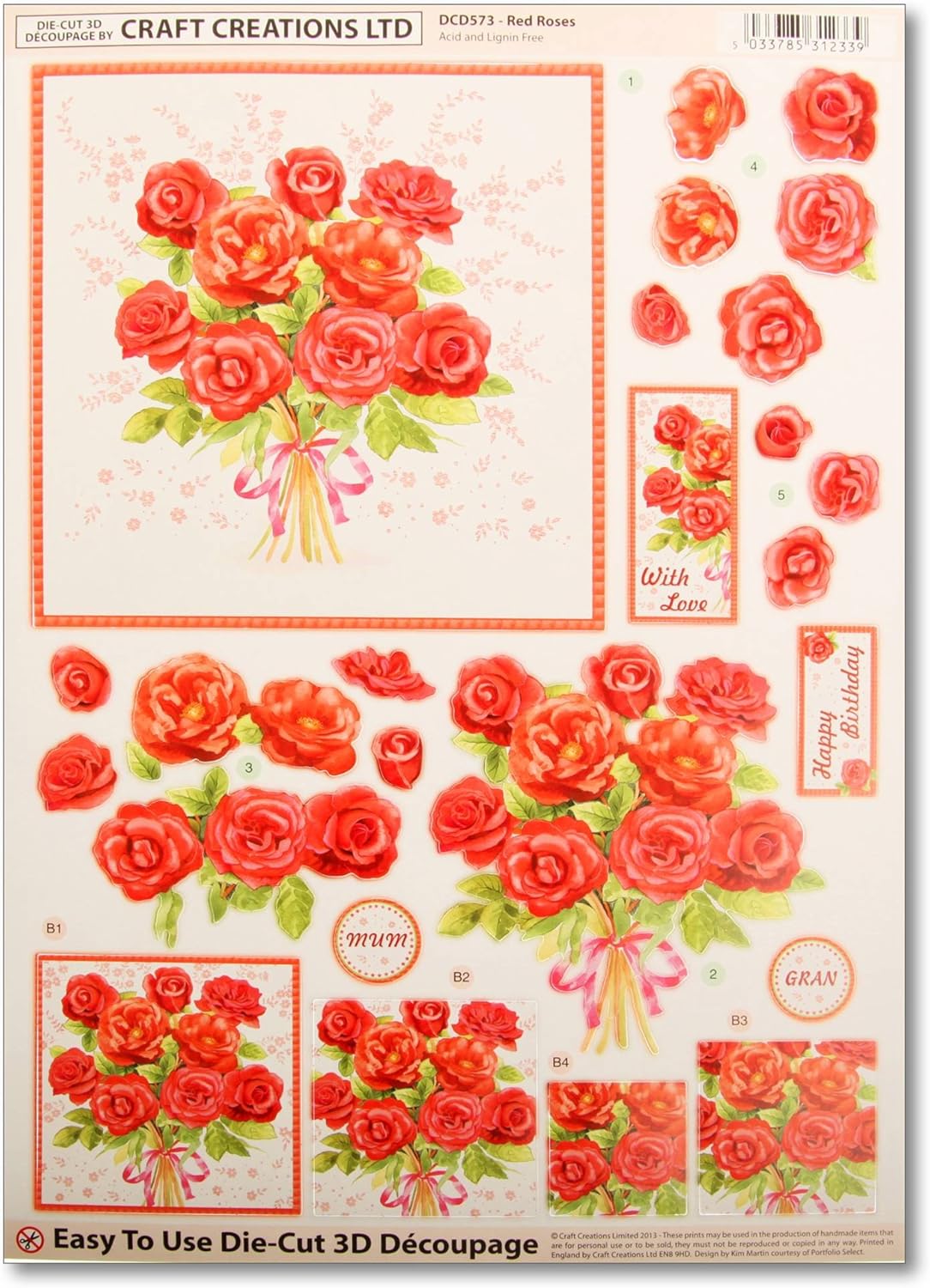 Craft Creations DieCut 3D Decoupage DCD573 Red Roses A4 210x297mm