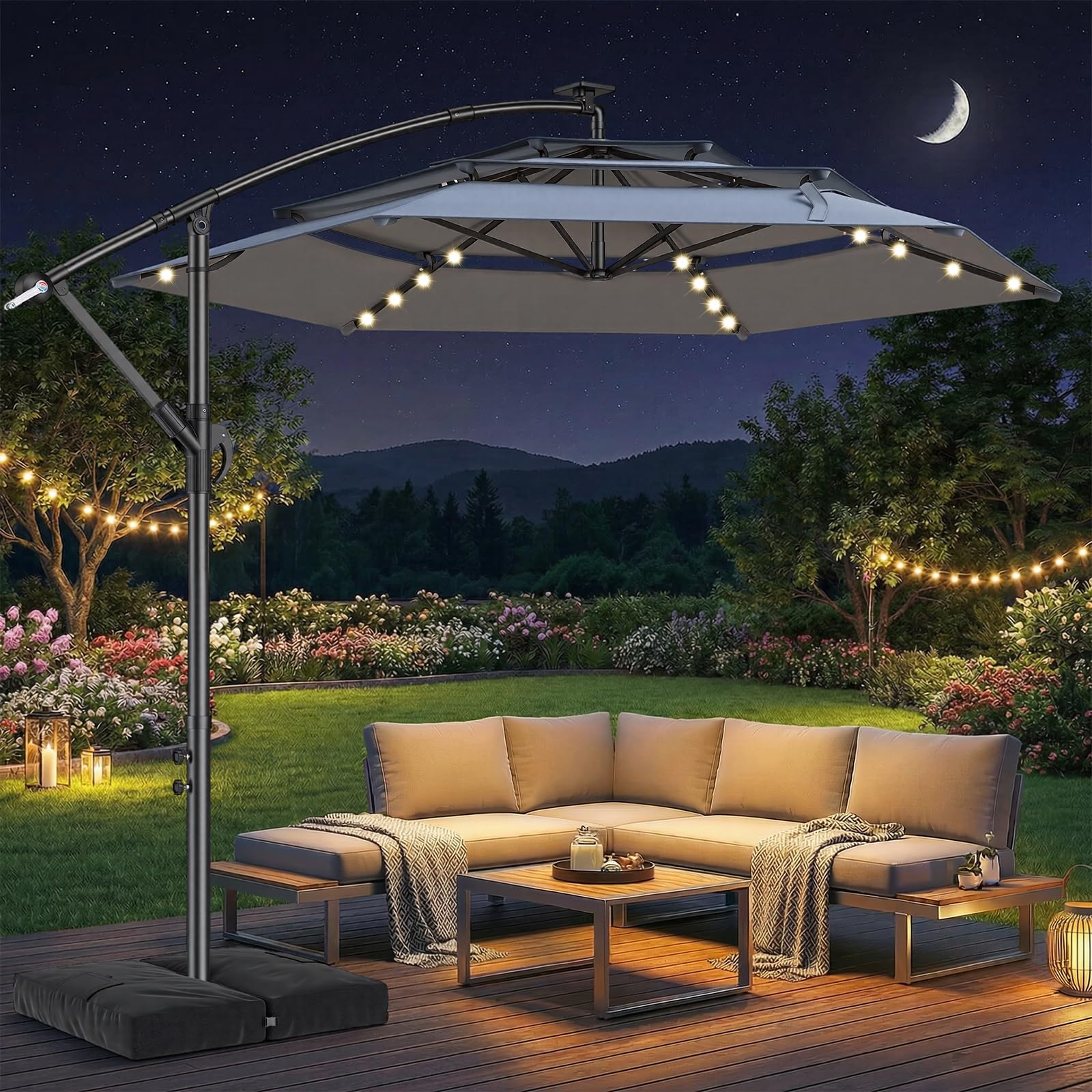 HOMSHADE Offset Patio Umbrella with Base Included and Solar Lights