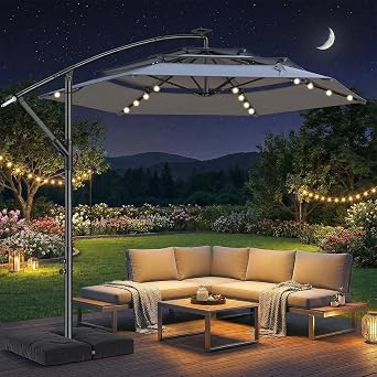 HOMSHADE Offset Patio Umbrella with Base Included and Solar Lights
