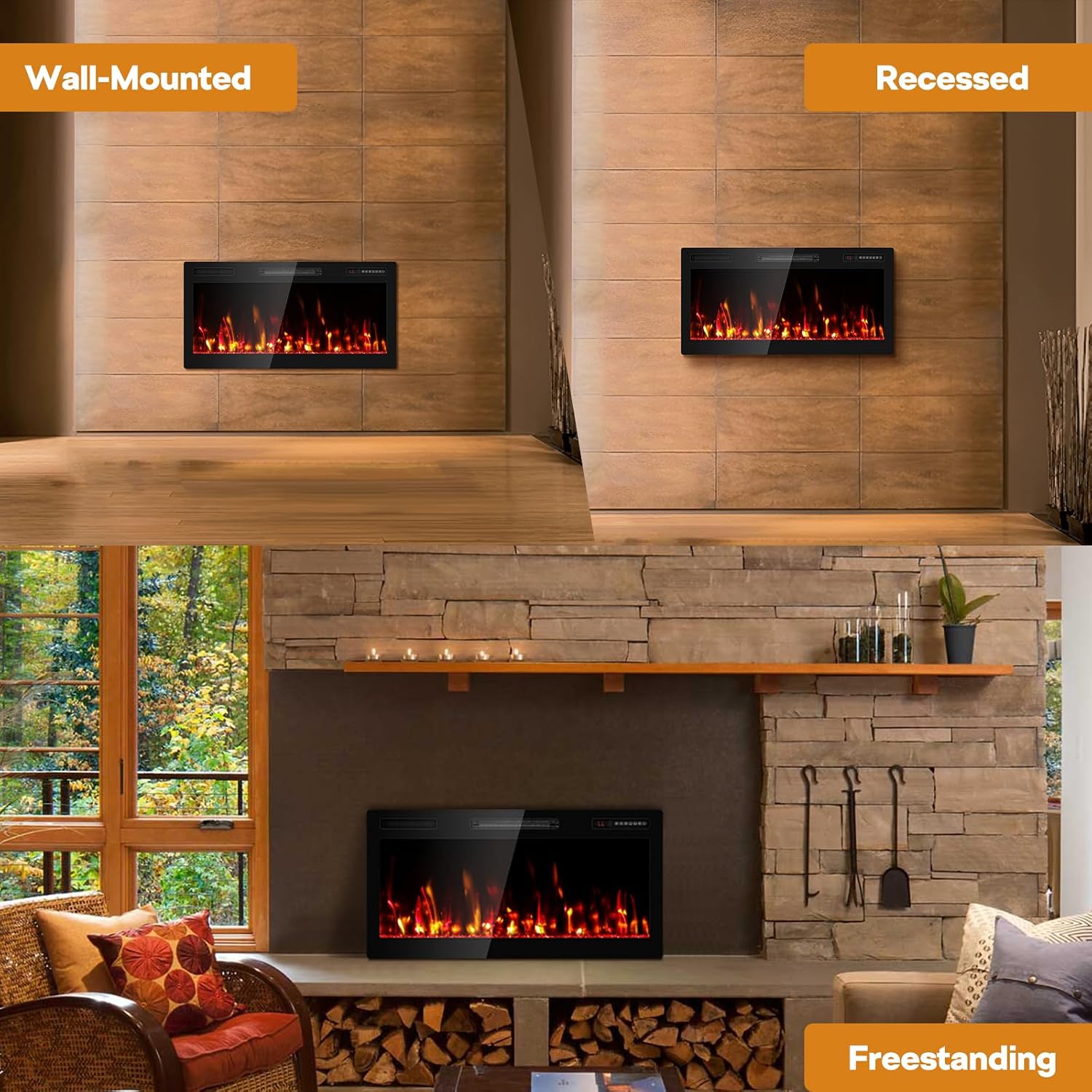 36" Electric Fireplace Recessed Wall Mounted Wide Screen Ultra Narrow Bezel Frame HD Flame Effect Crystal Fuel Bed Modern Fire Places with Remote Control 750/1500W