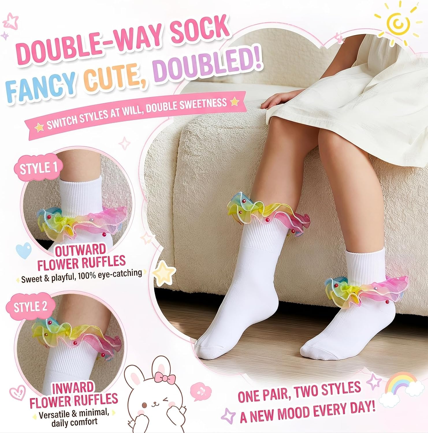 3 Pairs Girls Ruffle Socks Toddler Colorful Rainbow Pearl Frilly Dress Sock