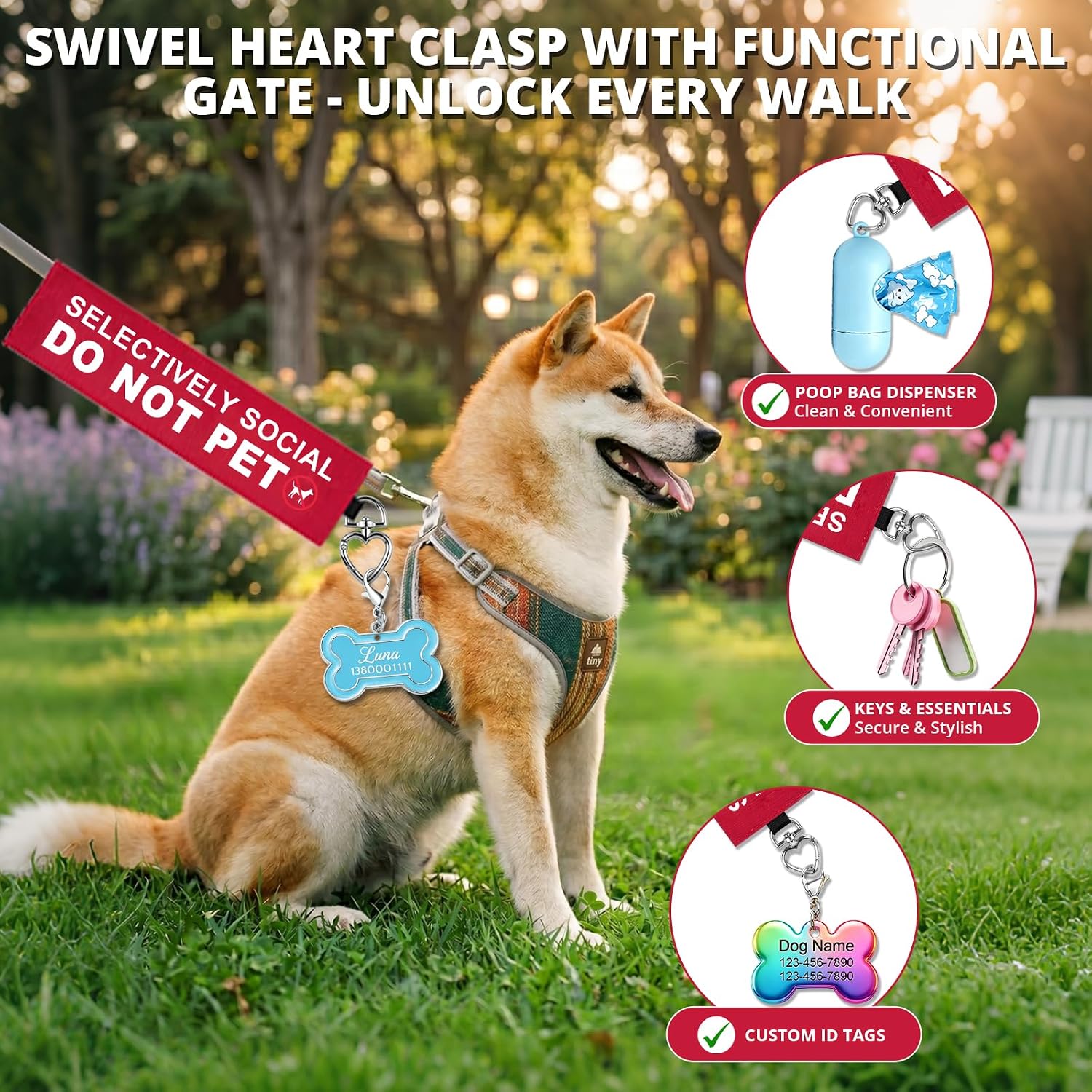 Selectively Social Dog Leash Wrap, Double-Sided Visible Dog Sleeve with Heart Carabiner, Ripstop Do Not Pet Warning Sign, Fits Standard Rope & Flat Leashes, Red image 5