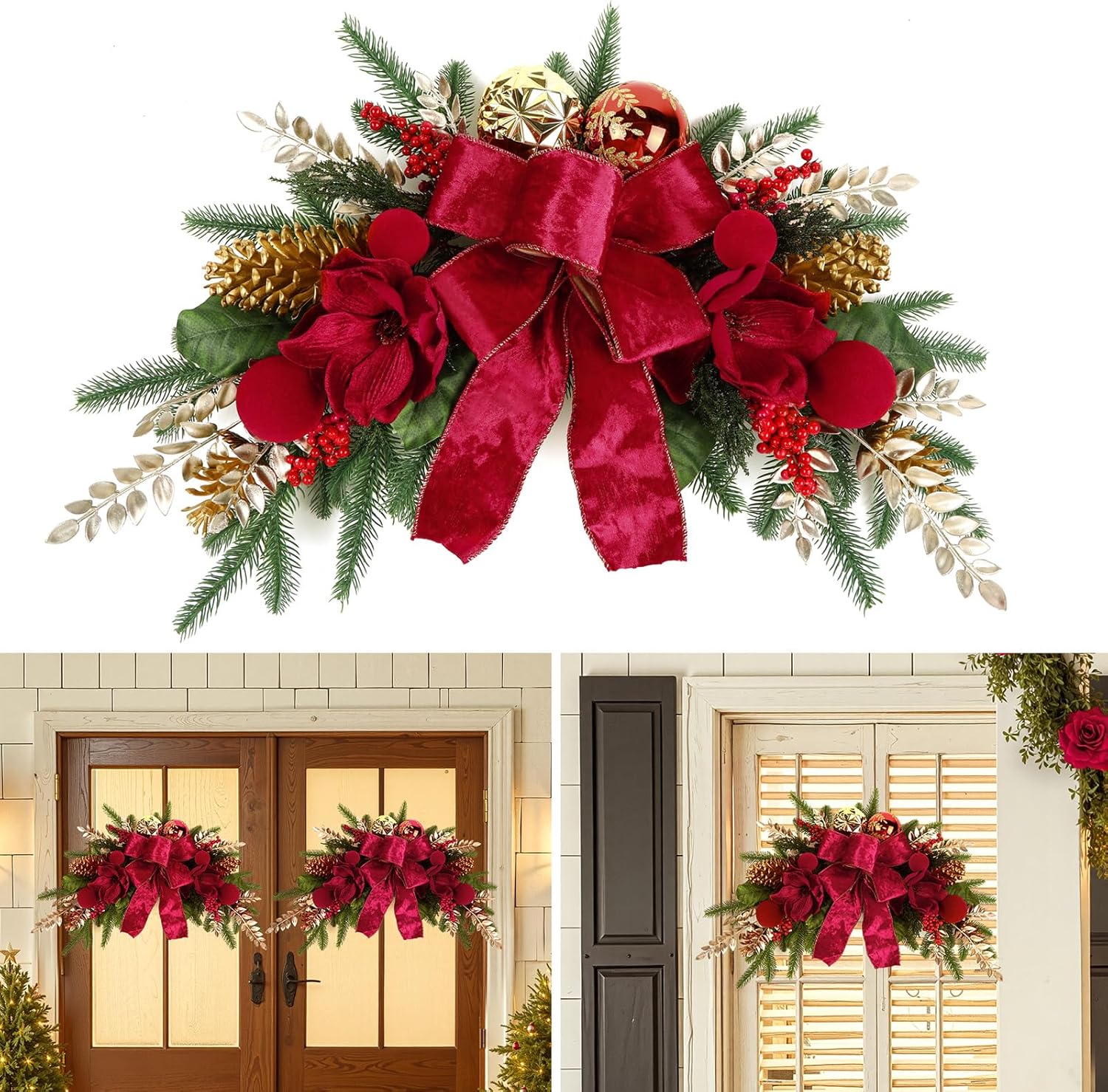 Alupssuc 24" Christmas Swag for Front Door Teardrop Decoration with Bows,Xmas Balls,Red Magnolia,Berries, Pine Cone for Indoor Outdoor Swags Wall Window Table Mantel Home Holiday Hanging Decor,1 PCS