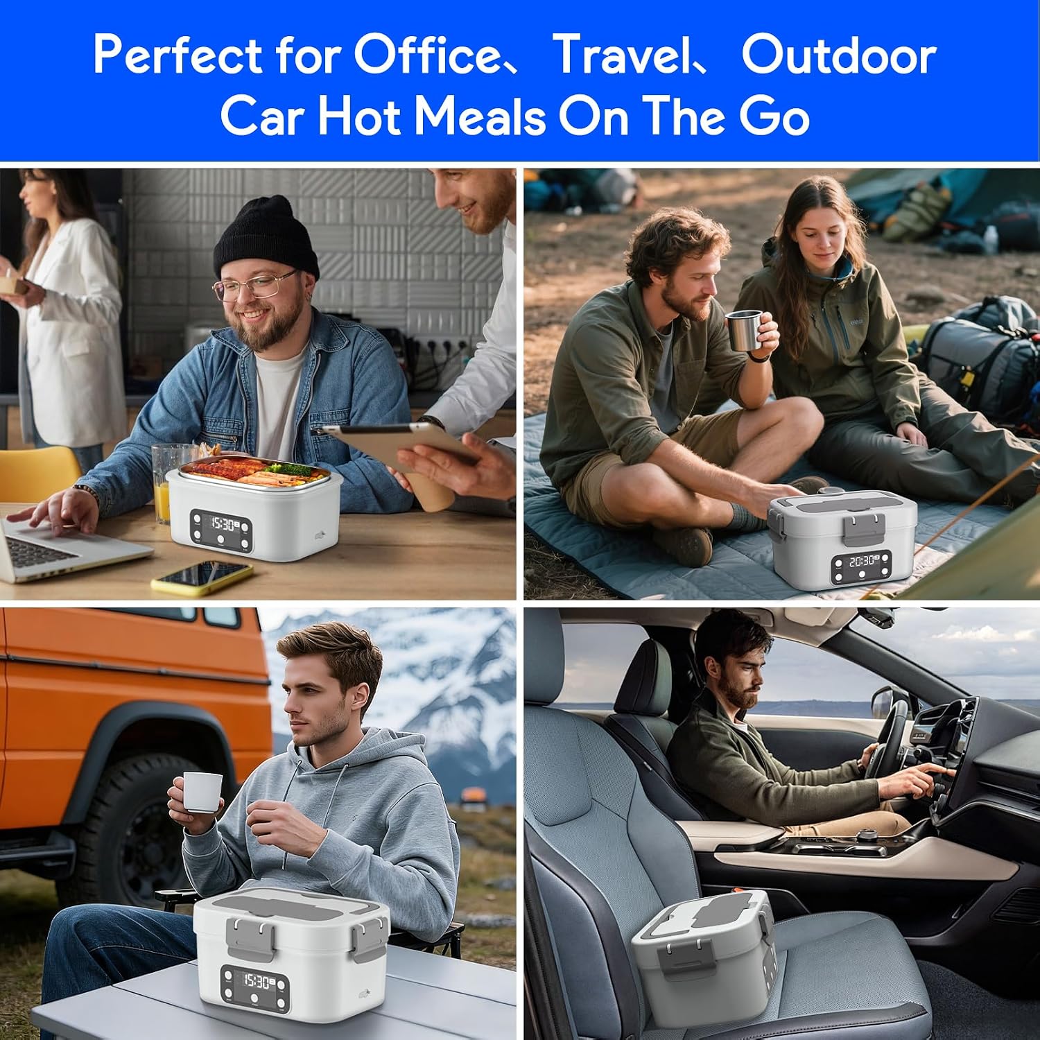 Electric Heated Lunch Box, 6.7 Cups Extra Large Capacity, Stainless Steel with Digital Display, Timer Function, Auto Keep Warm, Car and Home Use, Includes Utensils