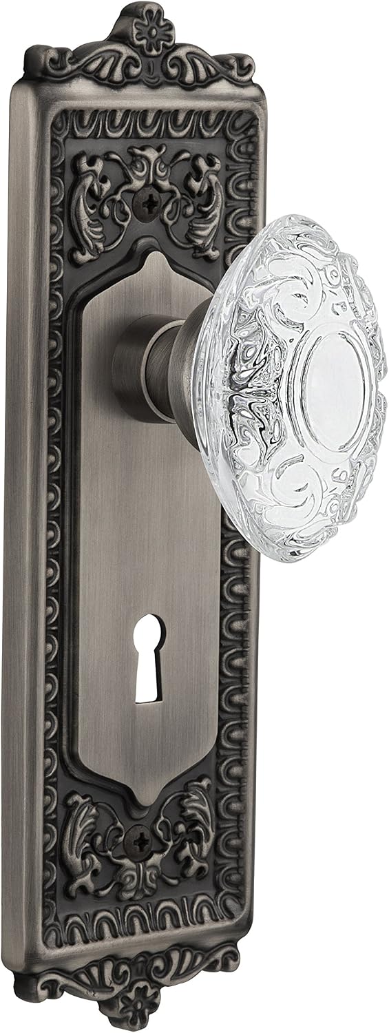 Nostalgic Warehouse 754749 Passage Egg and Dart Plate with Keyhole Crystal Victorian Knob, Backset Size: 2.375", Antique Pewter
