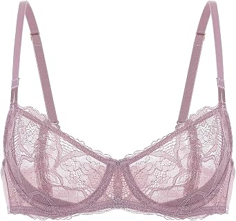 DOBREVA Womens Unlined Balconette Bra Sexy Lace Sheer Underwire Large Breasts Demi Cup