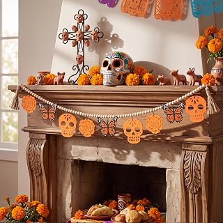 4.92 ft Day of The Dead Decoration Wooden Bead Garland Dia De Los Muertos Decorations Sugar Skull Marigold Butterfly Hanging Banner Decor for Mexican Home Mantel Ofrenda Altar Halloween Party Decor