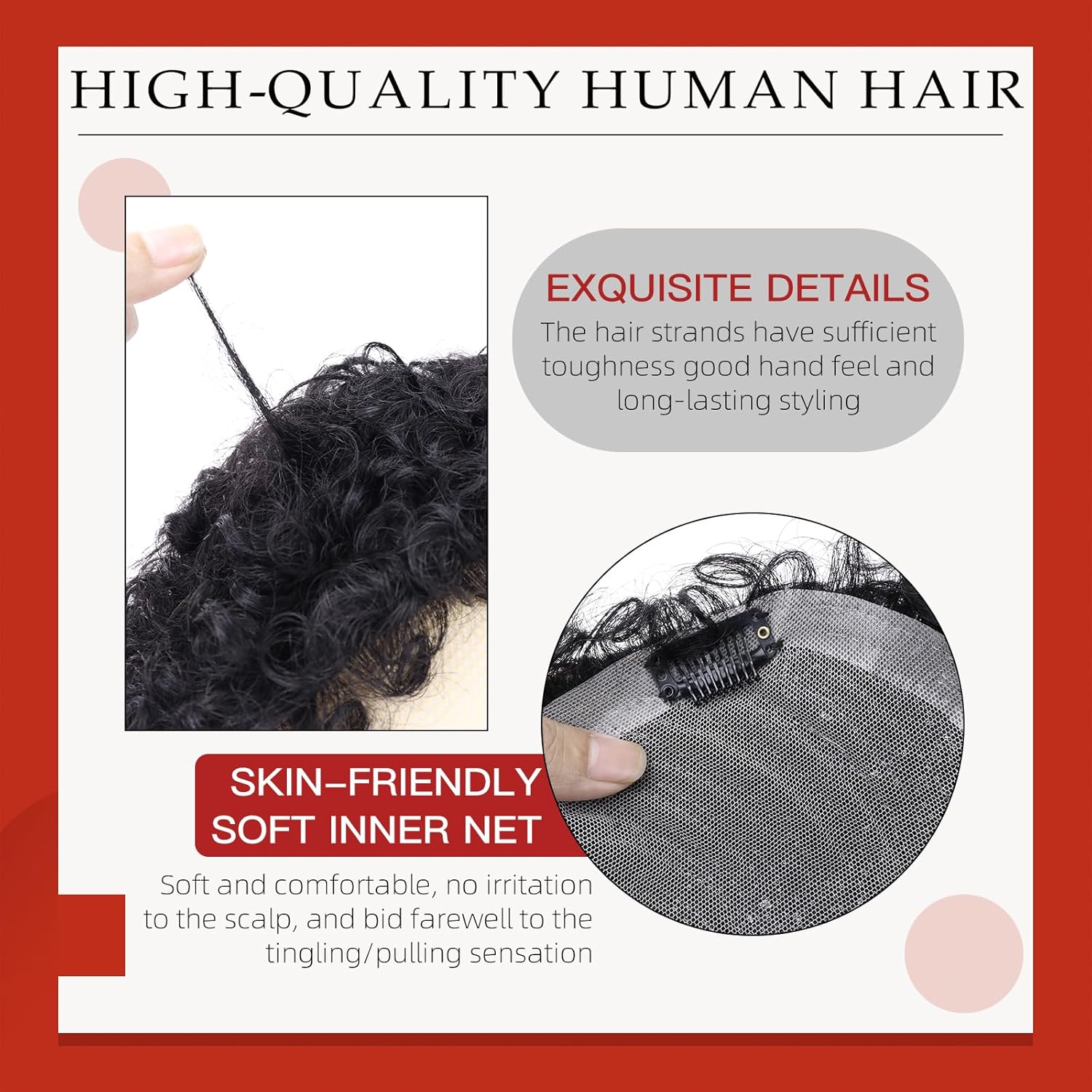Toupee for Men Human Hair Men‘s Black Wig Short Curly Hair Fluffy Realistic Hair Wig Thin Skin Daily Party Costume Wig for Male(Black)
