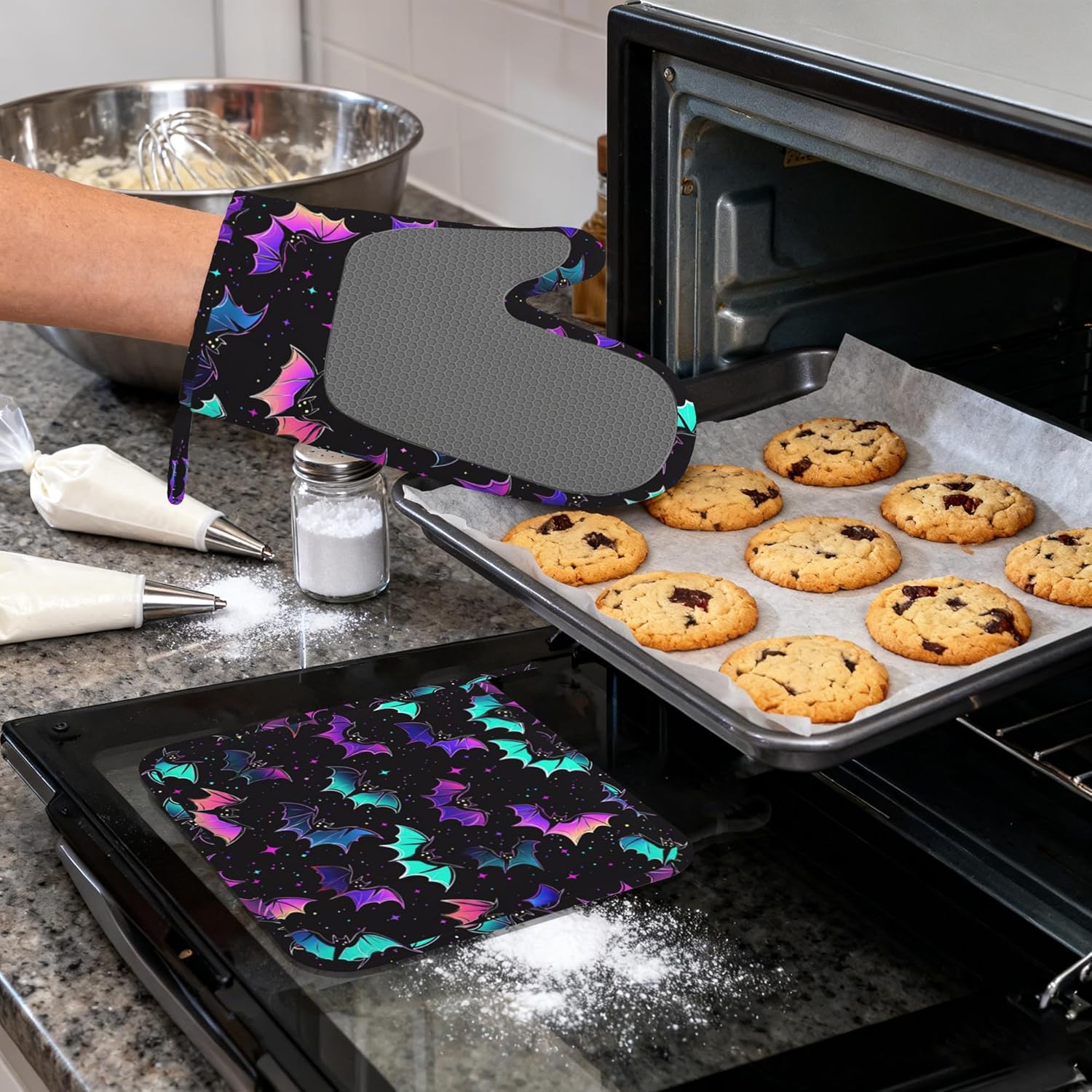 Magic Bat Heat-Resistant Silicone Oven Mitts and Pot Holders,Long Oven Gloves with Non-Slip Grip for Cooking, Baking, Grilling,BBQ