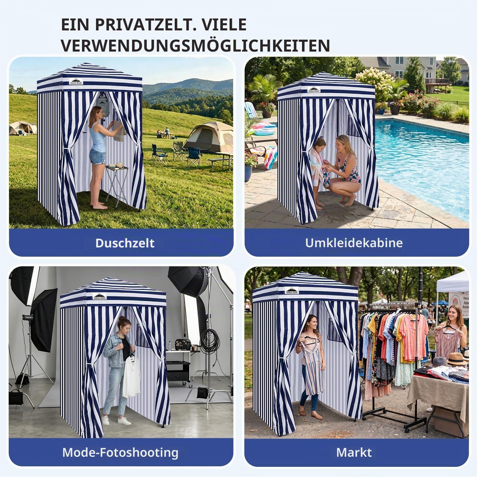 EAGLE PEAK Flex Ultra Compact Pop-Up-Umkleidekabine, tragbar, 1,2 x 1,2 m, für Pool, modische Fotoshootings oder Camping (Marineblau/Weiß)