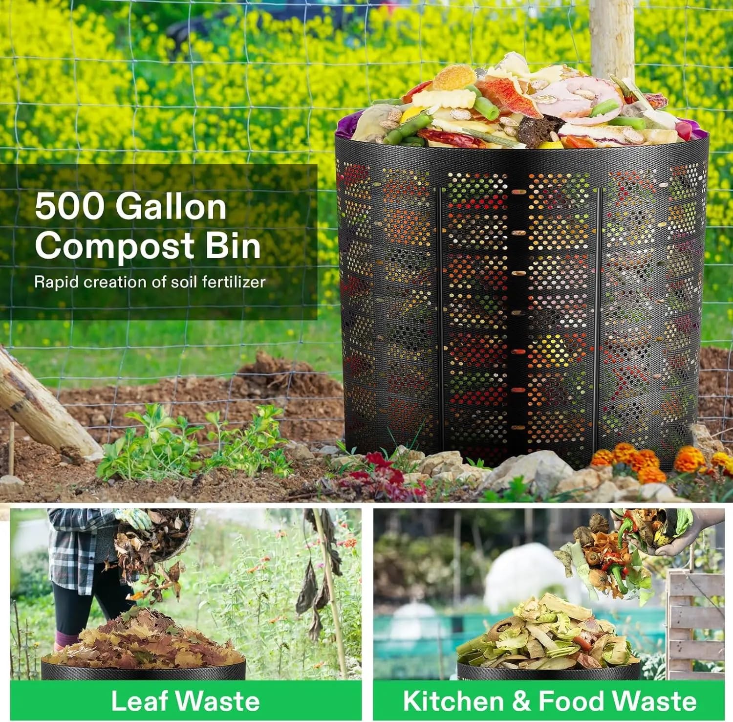 Sacos de Jardin Contenedor de abono para exteriores de 500 galones, abono expandible, fácil de configurar y gran capacidad para patio trasero Bolsa Jardin