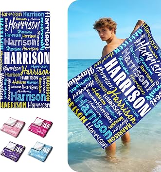 Personalized Beach Towels with Name - Quick Dry Sand Free Microfiber/Poly-Nylon/Cotton, 4 Sizes for Adults & Kids | Versatile for Bath/Pool/Travel/Camping/Yoga Signature, Multi-Color