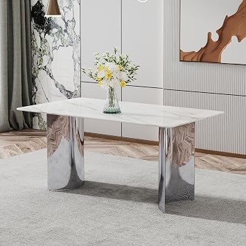 Luxury Faux Marble Dining Table for 6, 63" Rectangular Kitchen Table with Polished Silver Pedestal Base Modern White Marble Glass Dinner Table for 4-6 People in Kitchen Dining Room