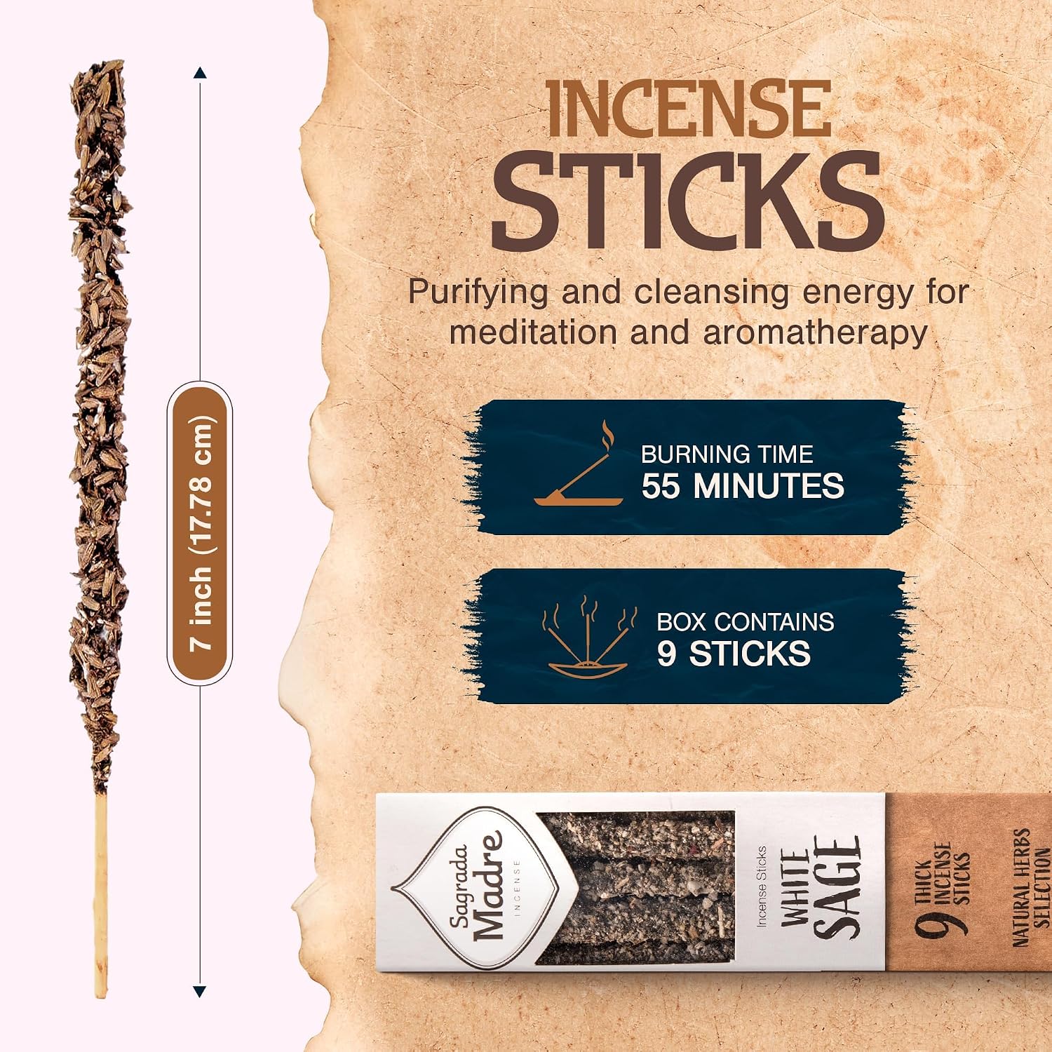 Sagrada Madre 9 pcs Wildly Harvested - White Sage Incense Sticks, 7" Long - Thick Aromatic Incense Sticks (45-55 min Burning Time) to Neutralize Negative Energies & Harmonizing Spaces -Pack x 3