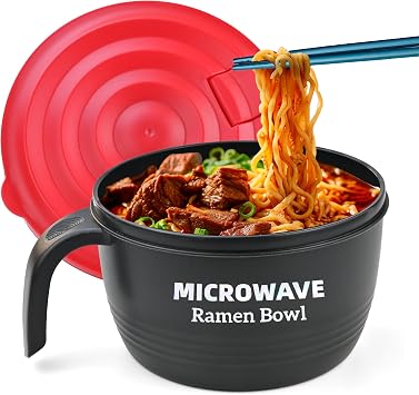 Layron Ramen Cooker Bowl - 45 oz Microwaveable Noodle Bowl Ramen in few Minutes- BPA Free and Dishwasher Safe Set with Chopsticks Perfect for Dorm, Small Kitchen, or Officee black