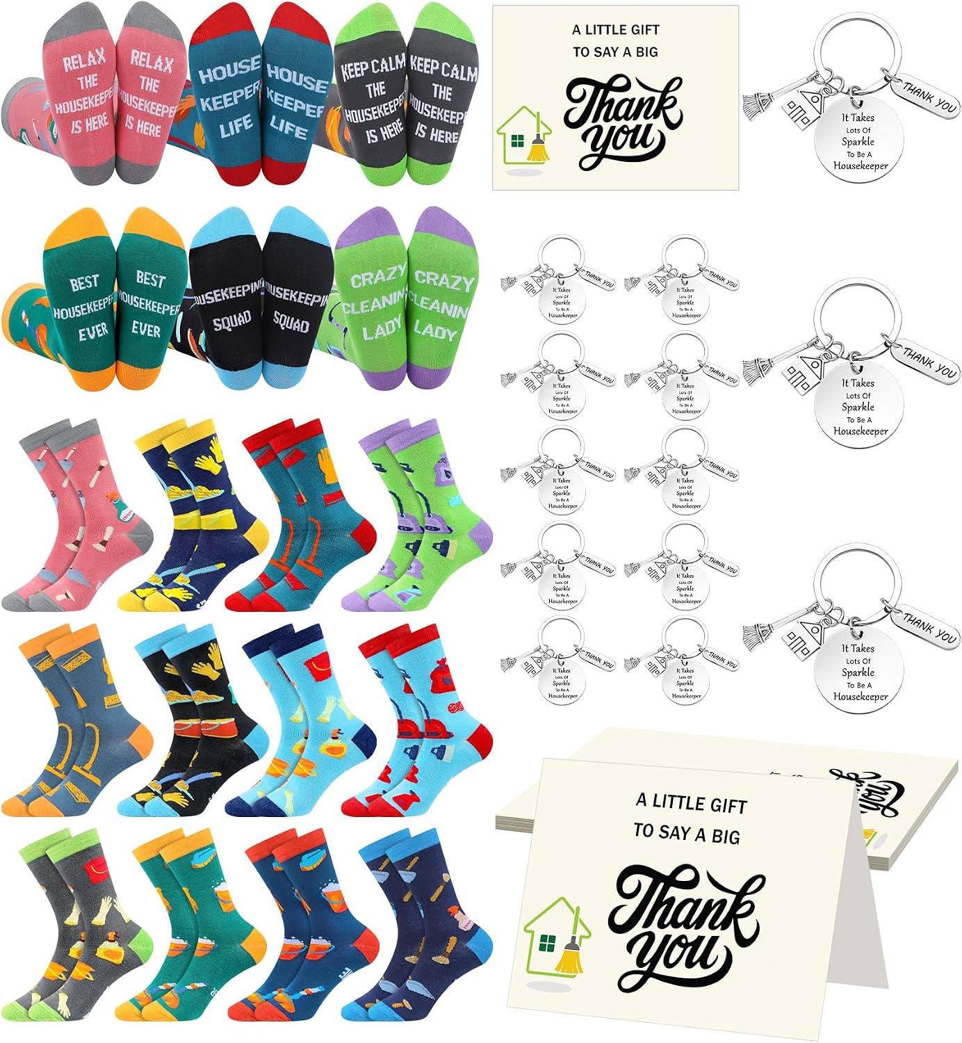 36 Pcs Housekeeping Appreciation Gifts Sets Include Novelty Housekeeper Crew Socks Housekeeping Keychains with Thank You Card for International Housekeepers Week Appreciation Favors Supplies