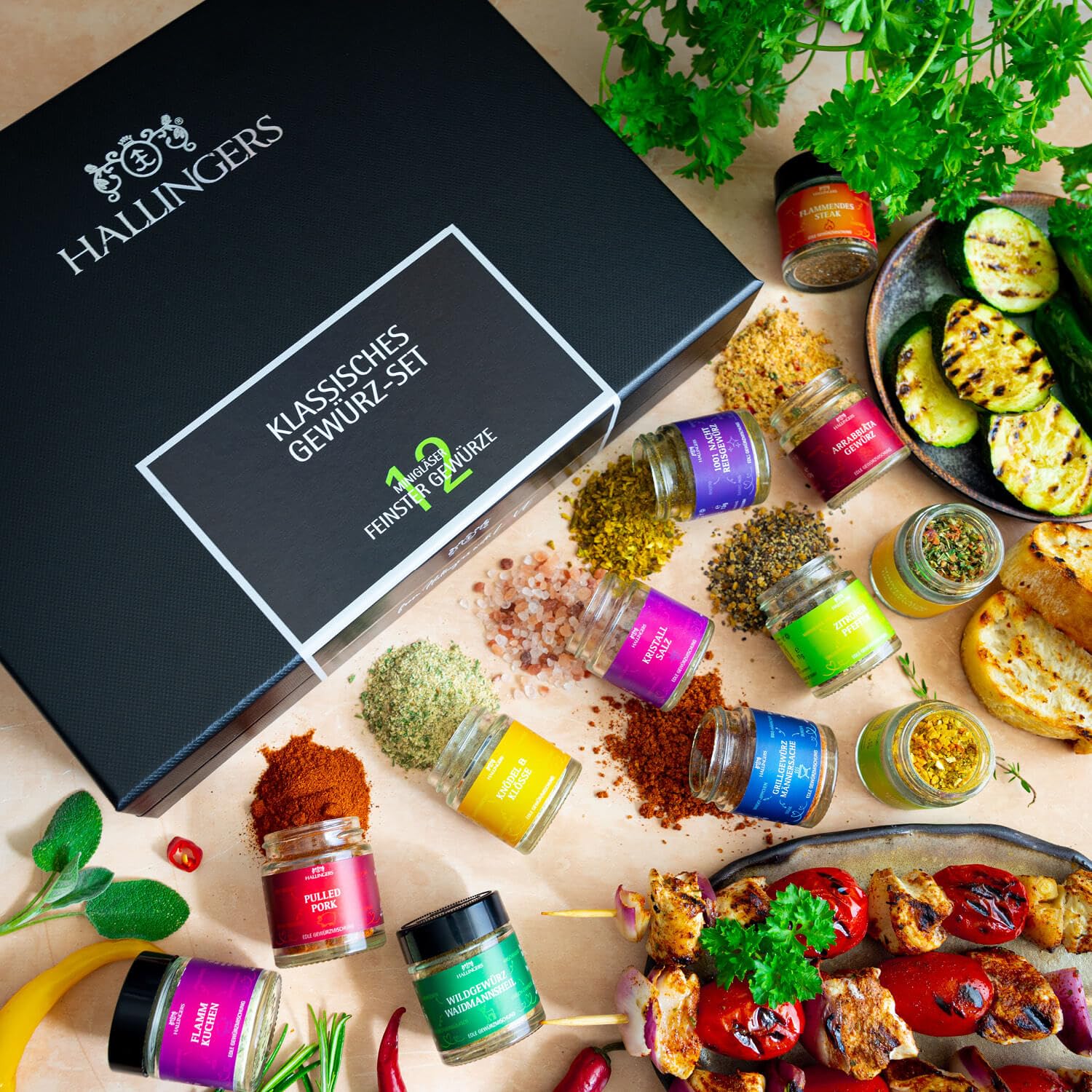 Hallingers Genuss Manufaktur Gewürz Geschenk-Set 12 Gewürze Geschenkbox Rezept-Booklet