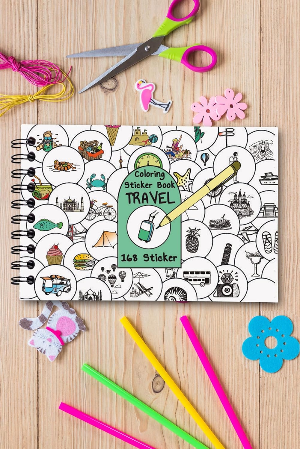 Postermanya Travel Temalı Sticker Boyama Kitabı,168LI Bullet Journal Sticker, Yetişkinler Için Boyama Kitabı