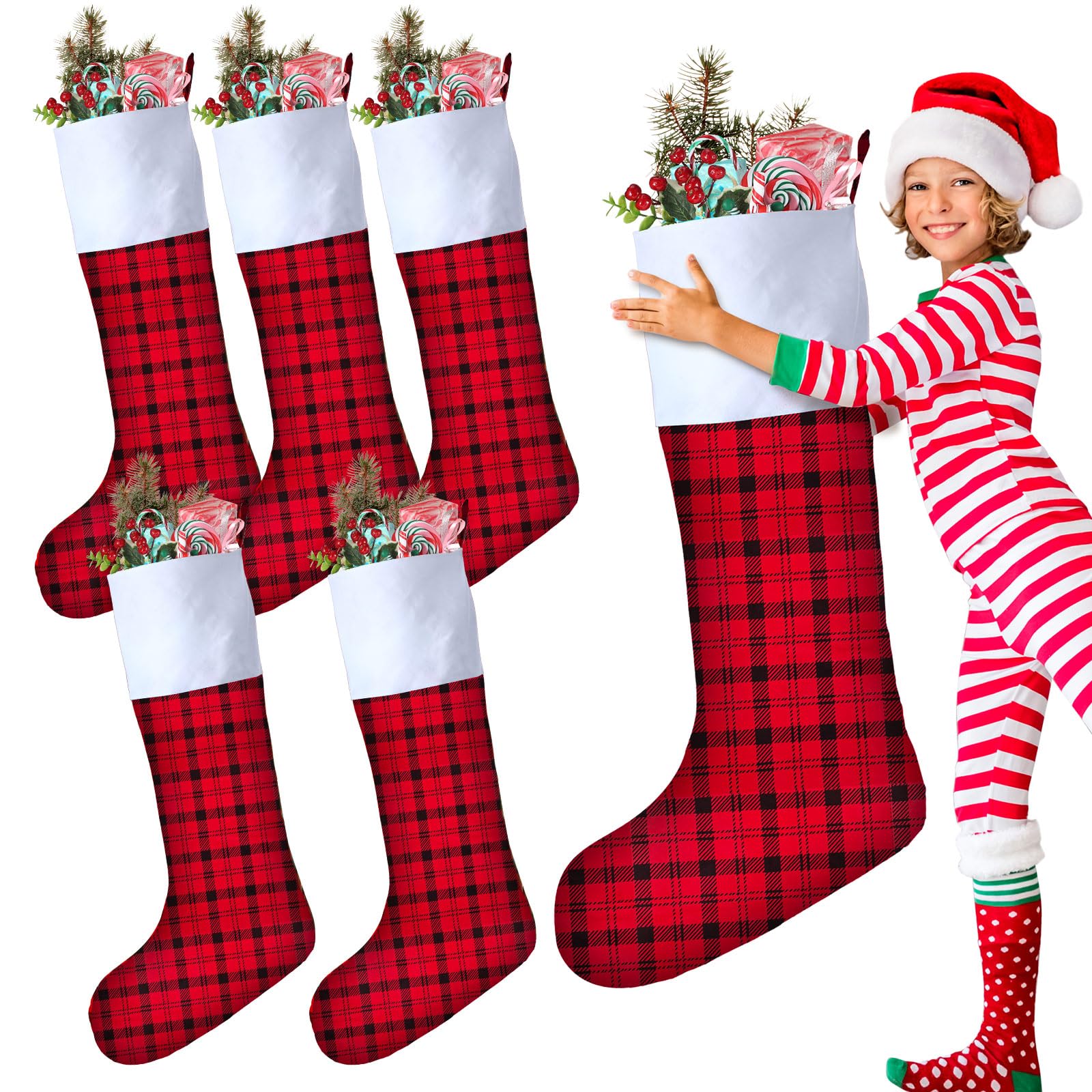 Chaussettes de Noël géantes grand format de 109 cm en feutre à carreaux rouge et noir