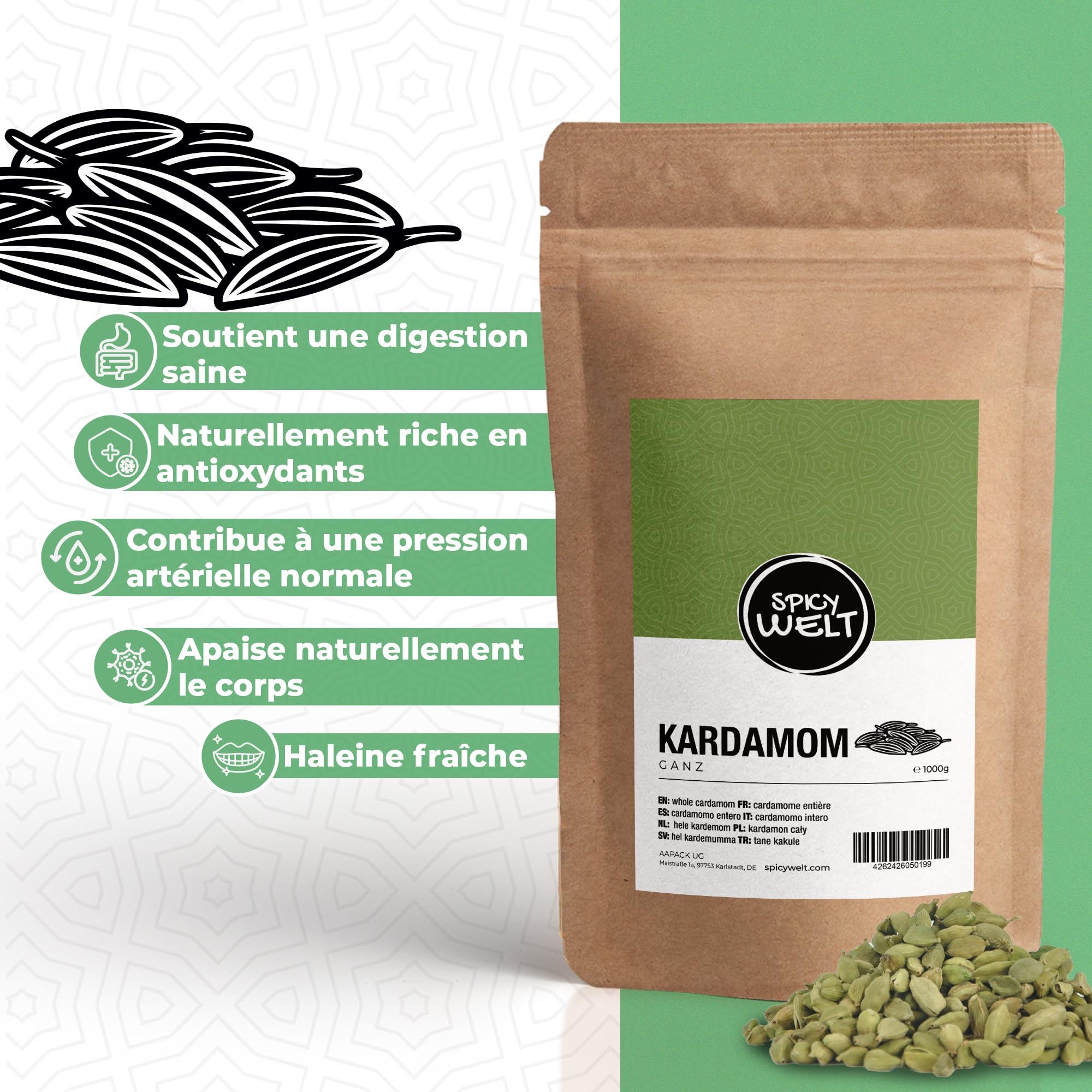 Spicy Welt Cardamome Verte Entière (250g) – Gousses de Cardamome (Elettaria Cardamomum) | Pour Thé Chaï, Riz, Curry & Pâtisserie | Saveur Fraîche & Mentholée | 100% Naturel, Sans Additifs