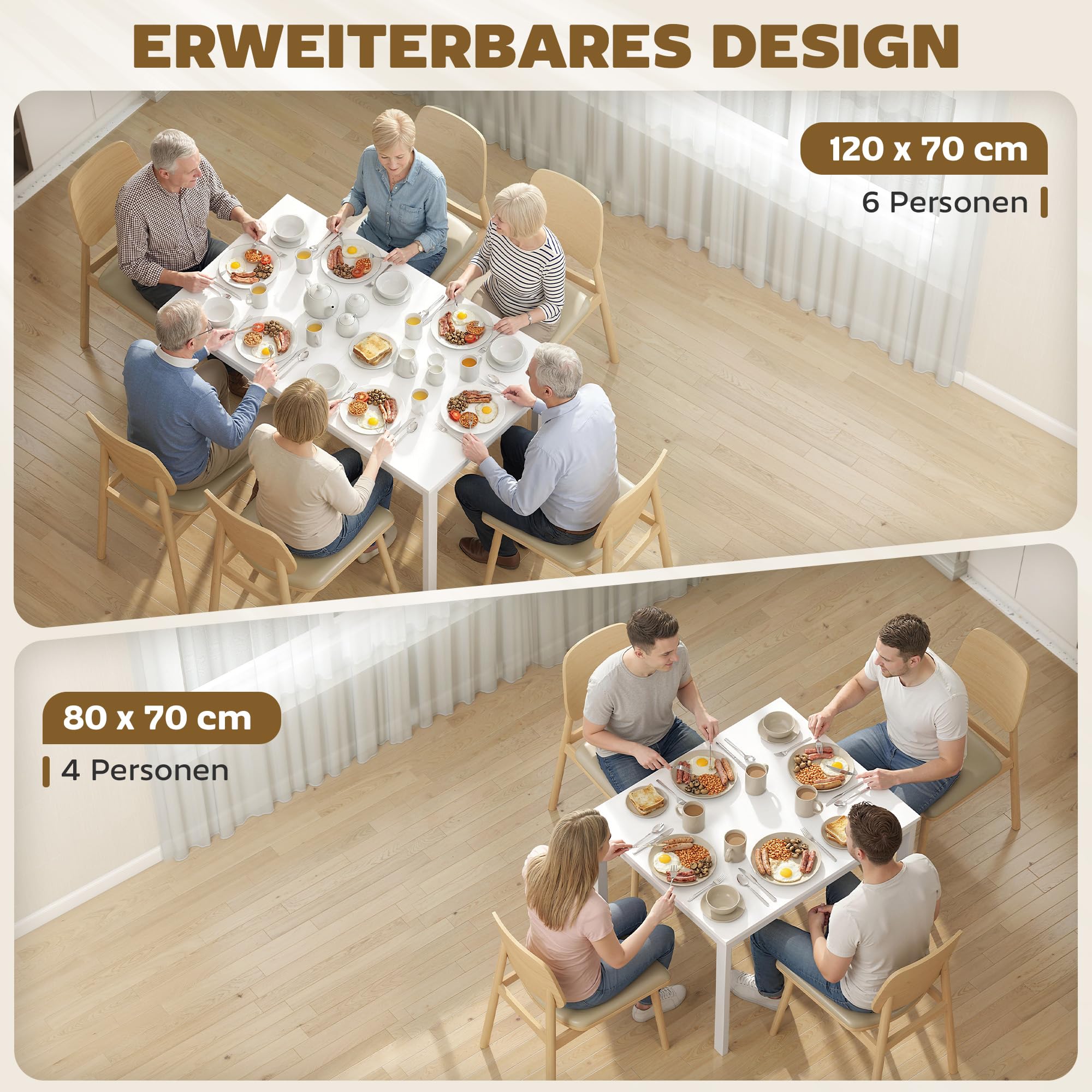 HOMCOM Rozkładany stół jadalniany, 80/120 x 70 cm, stół kuchenny z nogami ze stali, prostokątny stół do jadalni dla 4-6 osób, biały