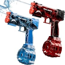 Water Gun, Electric Transparent Automatic Spray Gun, High Performance, Up to 6 Metres Range, Water Spray Gun for Children and Adults (Blue + Red)